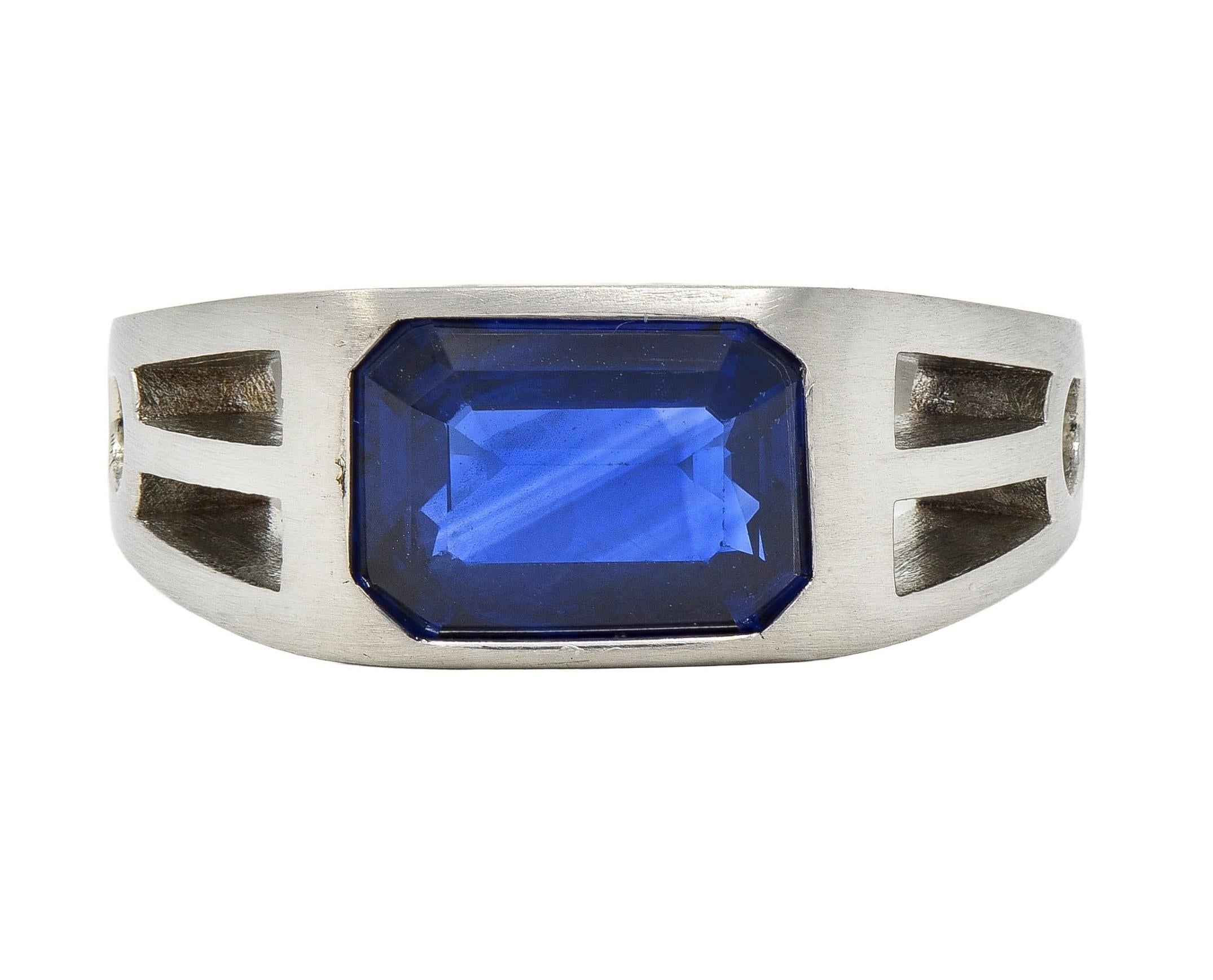 Modernist 5.60 CTW Blue Sapphire Platinum Geometric Unisex Men's Signet Ring