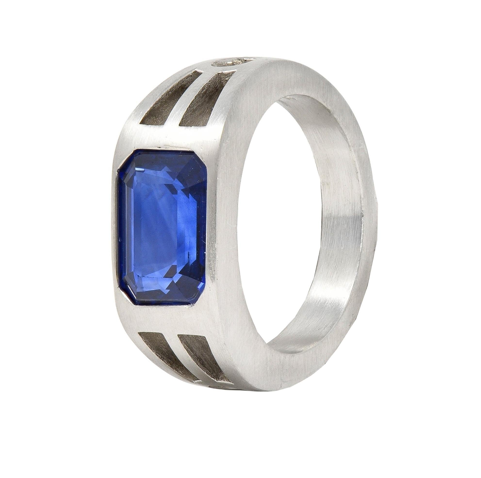 Modernist 5.60 CTW Blue Sapphire Platinum Geometric Unisex Men's Signet Ring