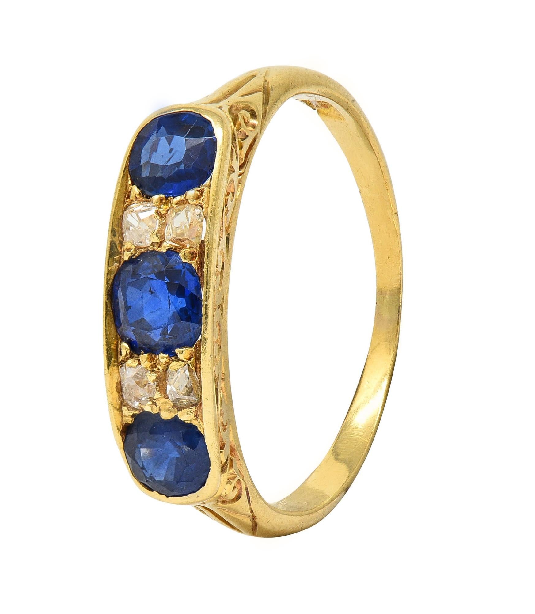 Victorian 1.52 CTW Sapphire Diamond 18K Yellow Gold Antique Scroll Band Ring