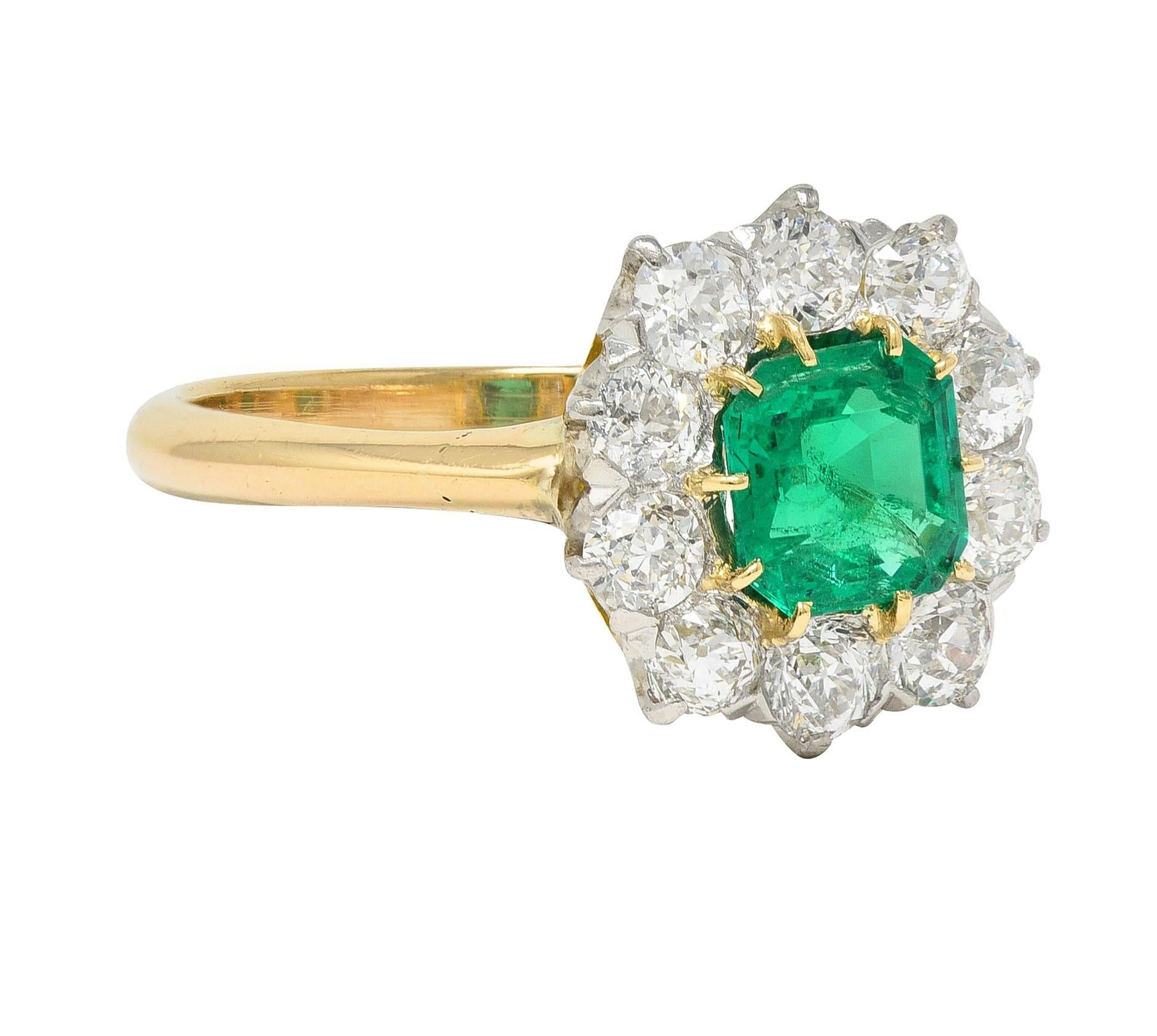 Edwardian 1.80 CTW Emerald Diamond Platinum 14K Yellow Gold Antique Halo Ring