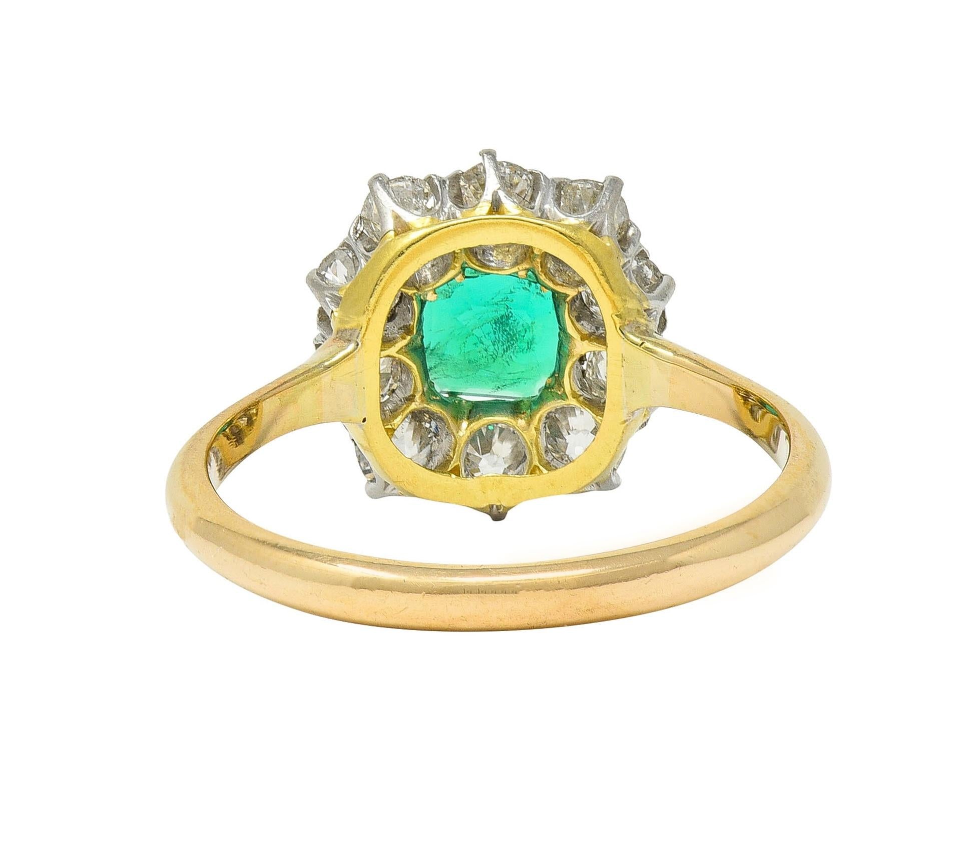 Edwardian 1.80 CTW Emerald Diamond Platinum 14K Yellow Gold Antique Halo Ring