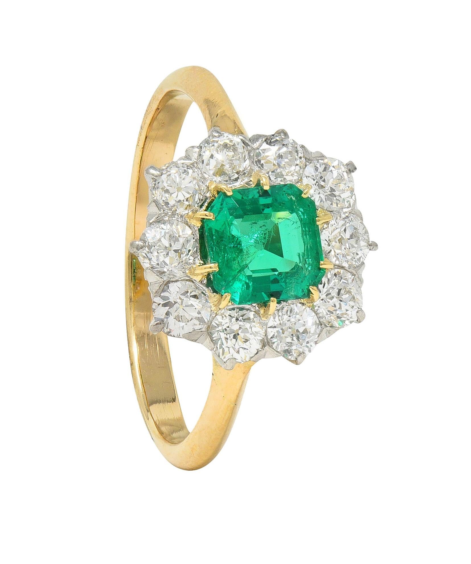 Edwardian 1.80 CTW Emerald Diamond Platinum 14K Yellow Gold Antique Halo Ring