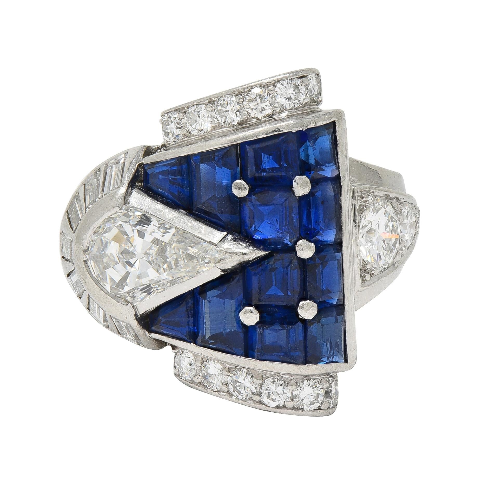 Mid-Century 4.20 CTW Sapphire Diamond Platinum Vintage Buckle Band Ring