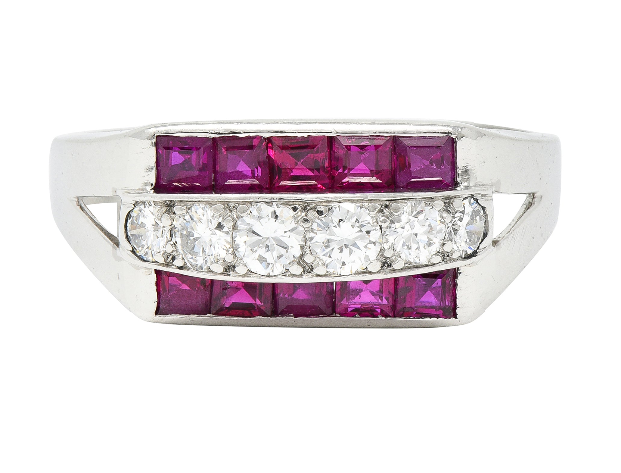 1950's Mid-Century 1.05 CTW Ruby Diamond Platinum Band Ring Published Wilson's Estate Jewelry