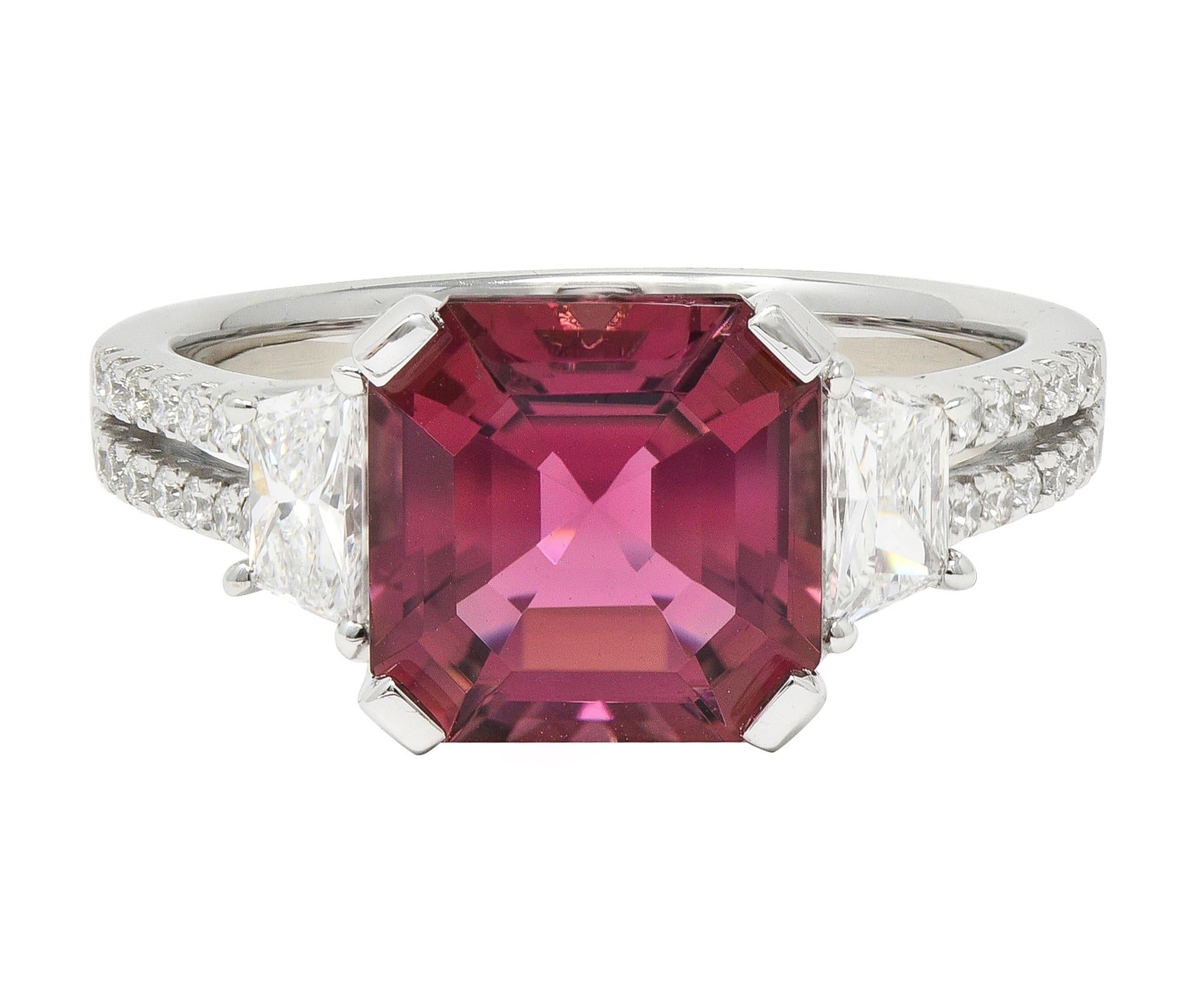 Contemporary 4.32 CTW Tourmaline Diamond 18 Karat White Gold Three Stone Ring