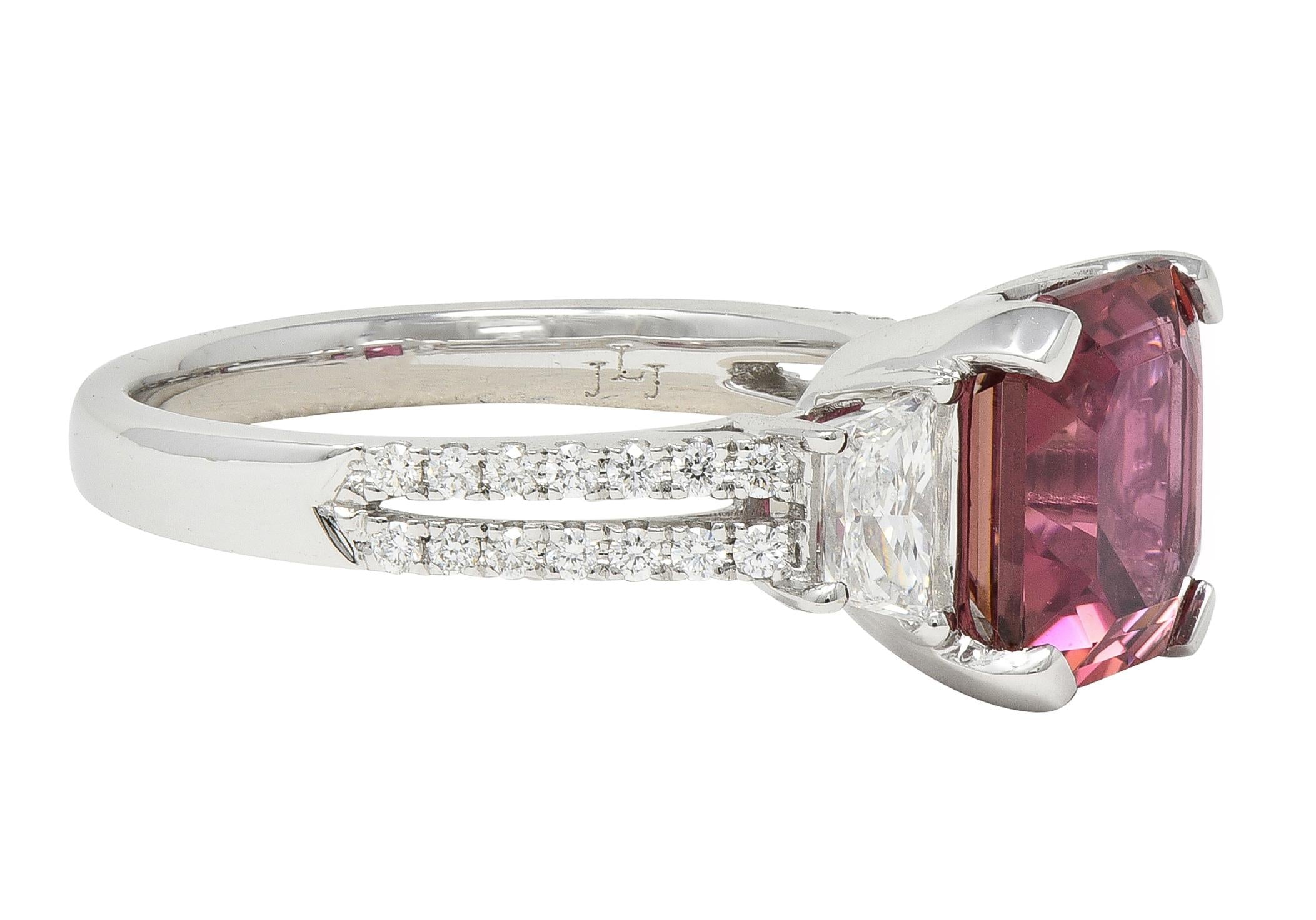 Contemporary 4.32 CTW Tourmaline Diamond 18 Karat White Gold Three Stone Ring