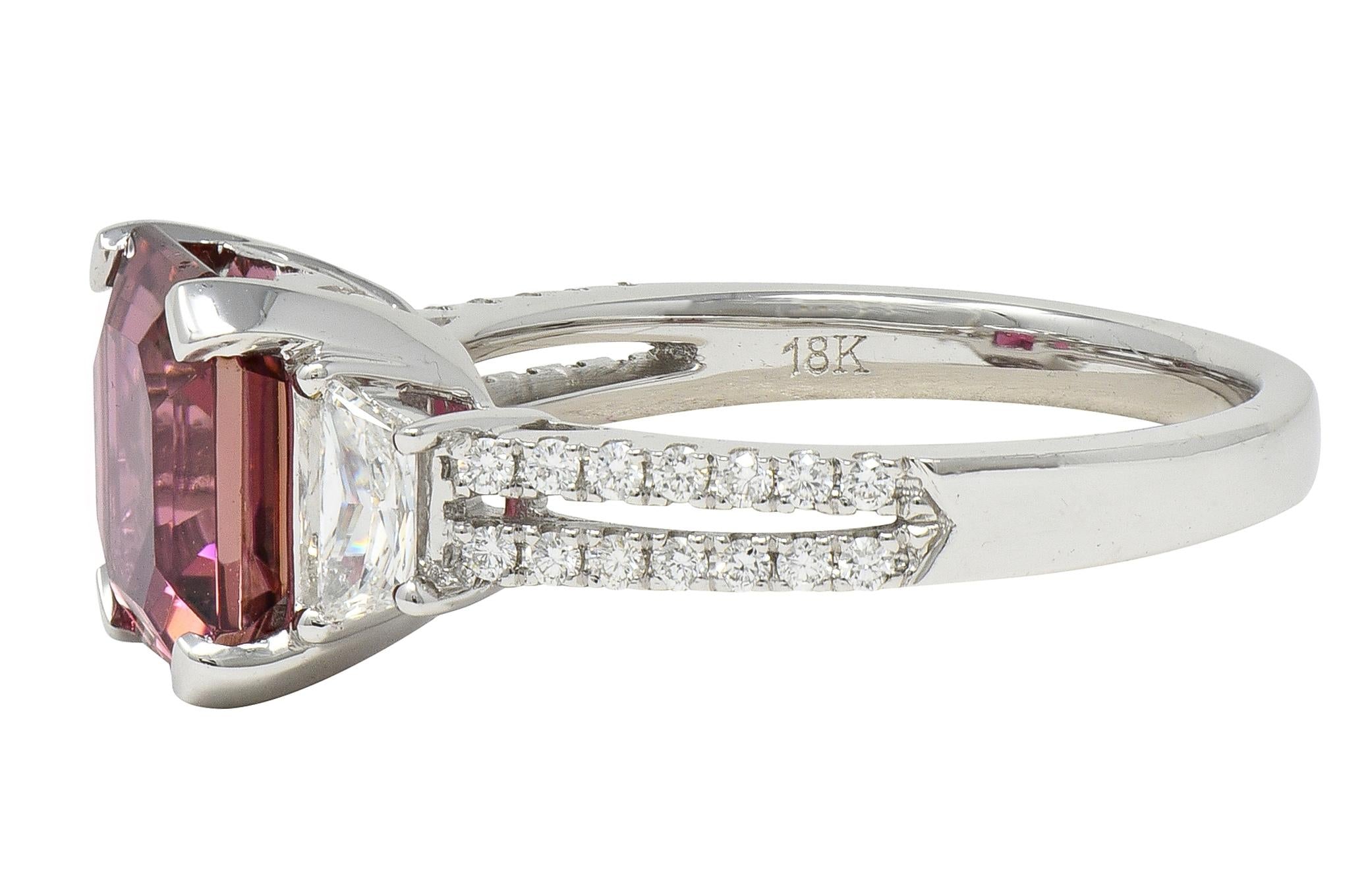 Contemporary 4.32 CTW Tourmaline Diamond 18 Karat White Gold Three Stone Ring