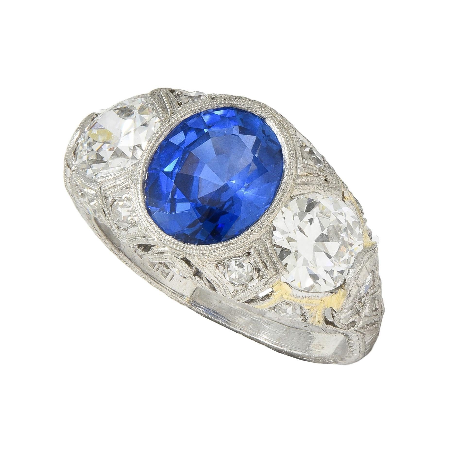 Art Deco 4.90 CTW No Heat Ceylon Sapphire Diamond Platinum Antique Ring AGL