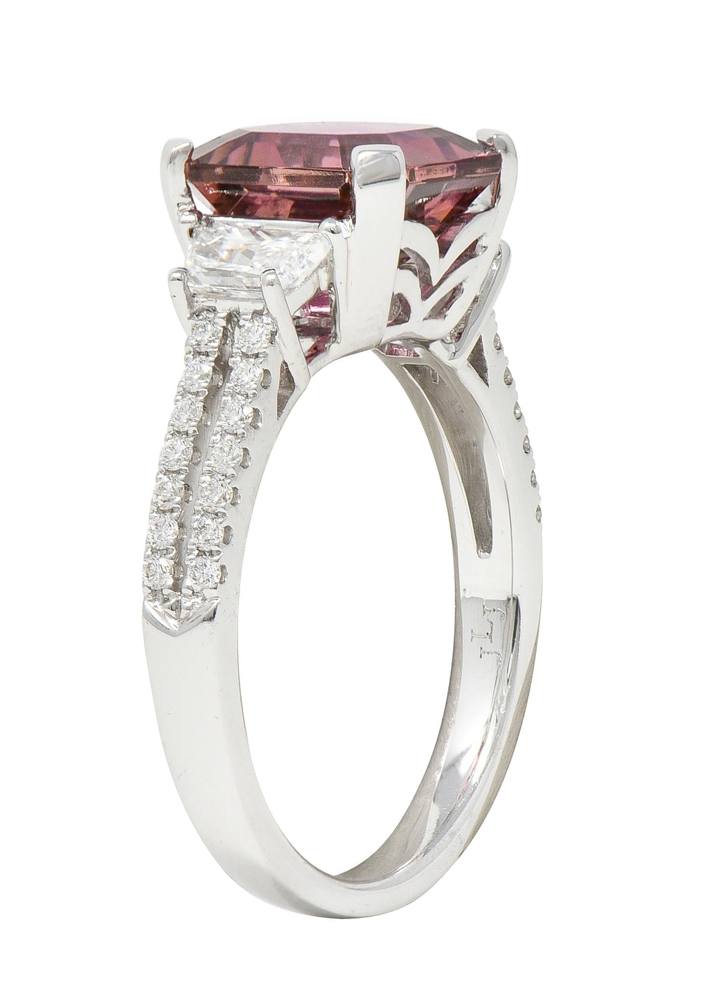 Contemporary 4.32 CTW Tourmaline Diamond 18 Karat White Gold Three Stone Ring