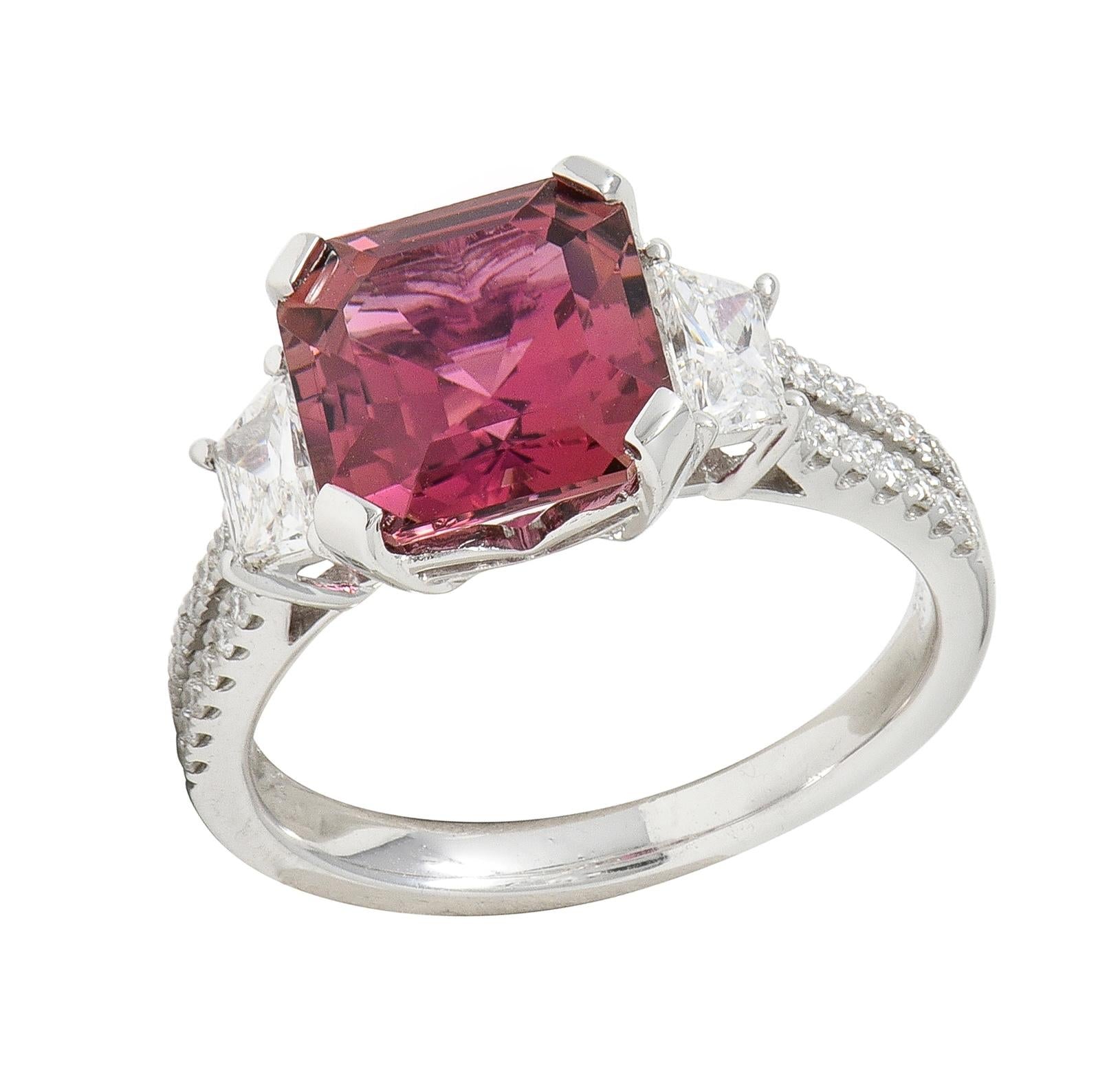 Contemporary 4.32 CTW Tourmaline Diamond 18 Karat White Gold Three Stone Ring