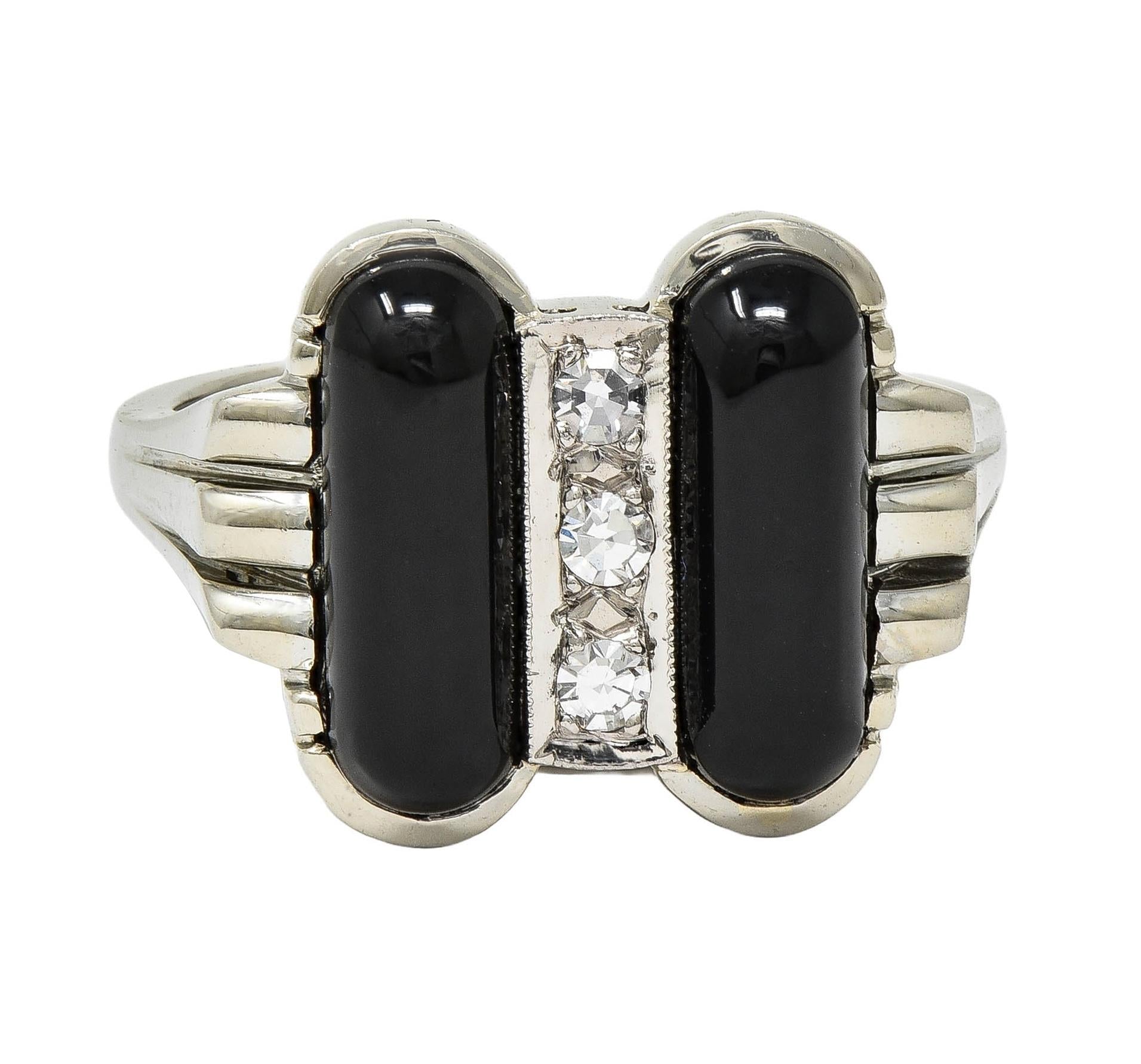 Helm & Hahn Co. Mid-Century Diamond Onyx 18 Karat White Gold Vintage Ring