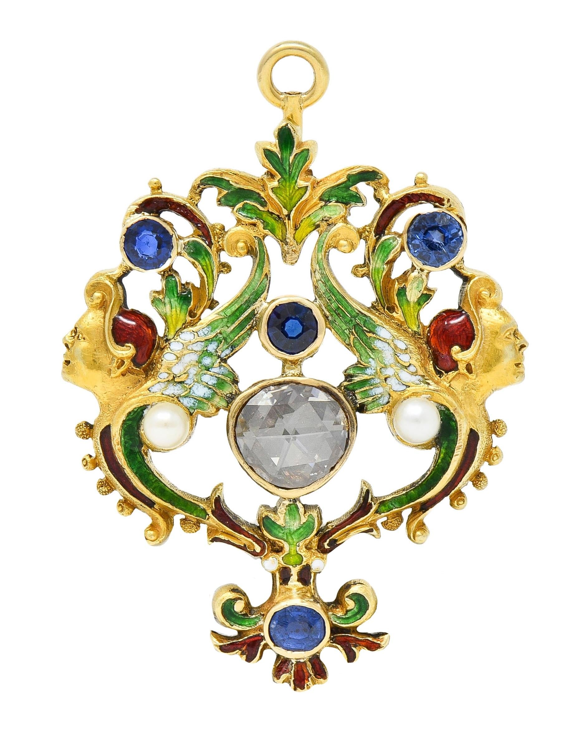 Victorian Renaissance Revival Multi-Gem Enamel 14K Harpy Antique Pendant