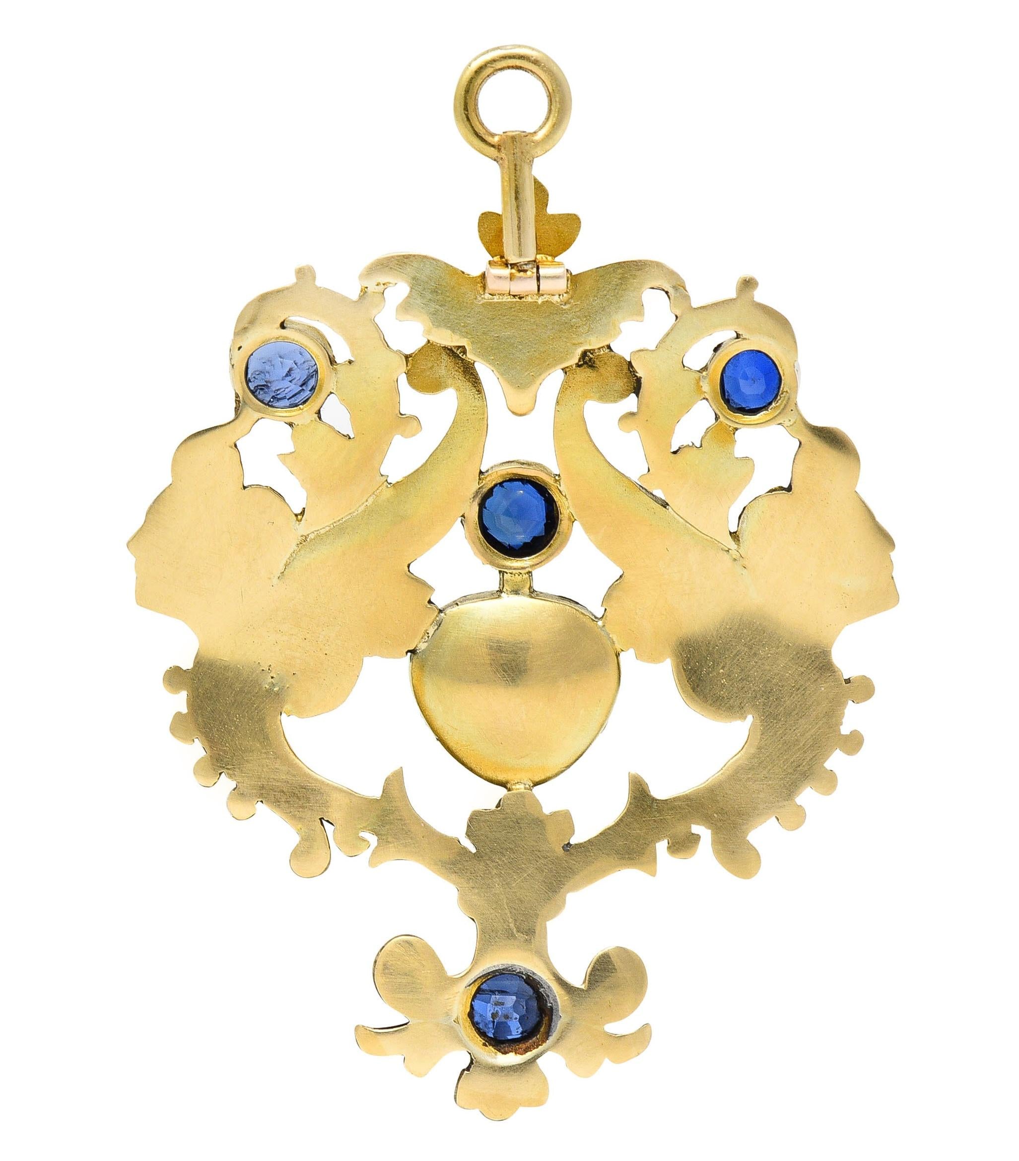 Victorian Renaissance Revival Multi-Gem Enamel 14K Harpy Antique Pendant