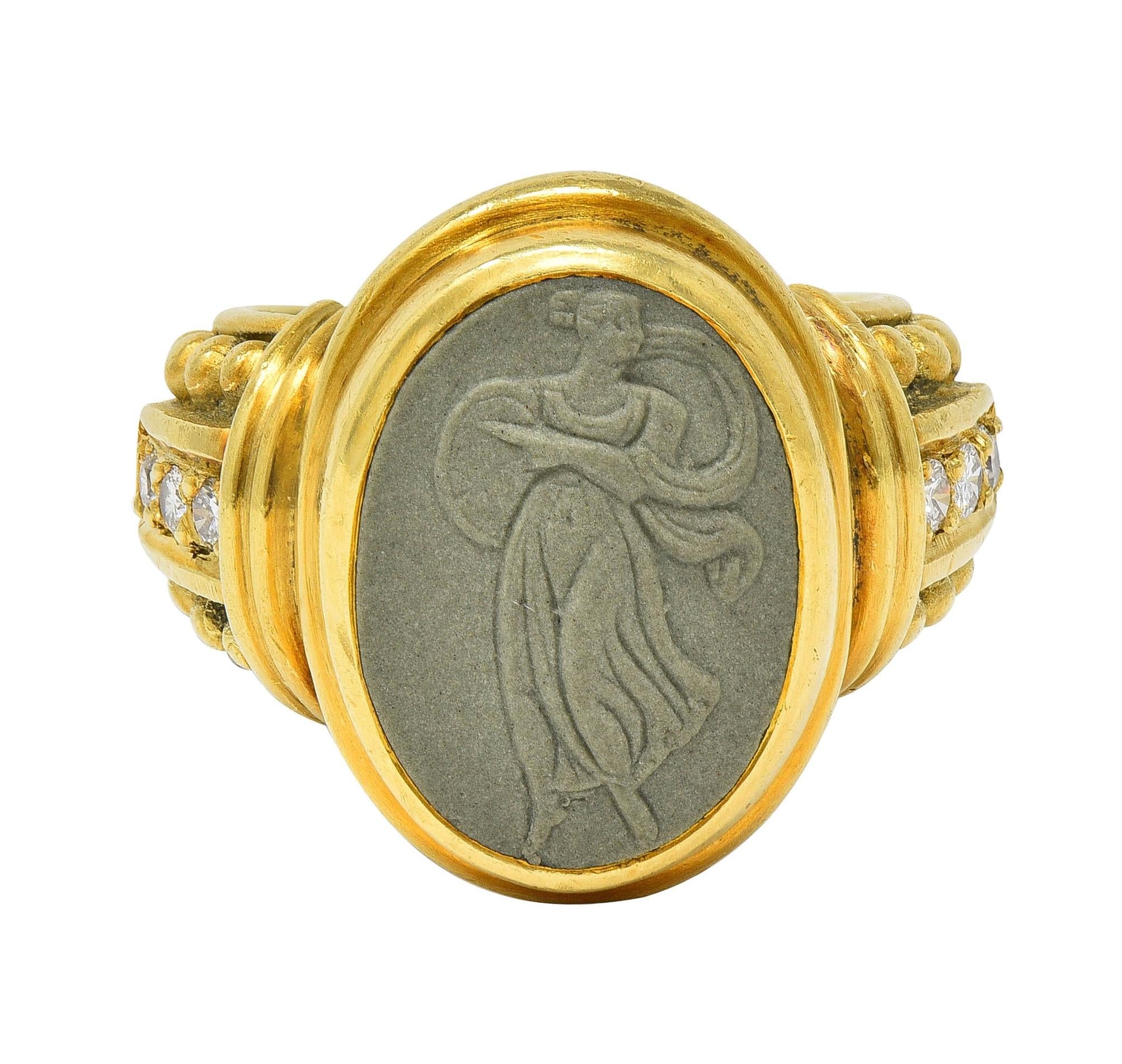 Judith Ripka 1990's Lava Rock Cameo Diamond 18 Karat Gold Vintage Signet Ring