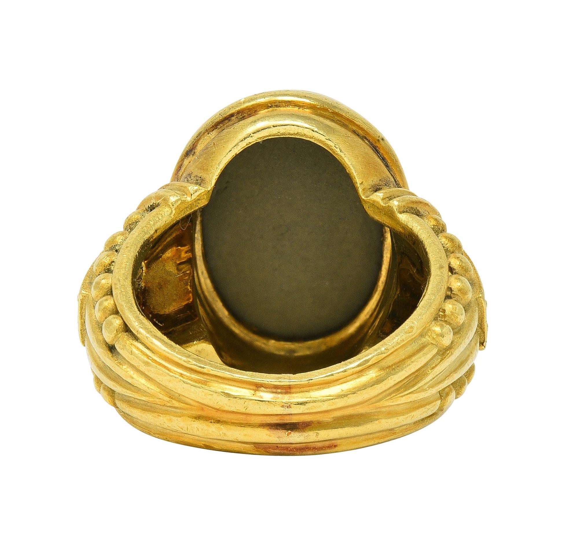 Judith Ripka 1990's Lava Rock Cameo Diamond 18 Karat Gold Vintage Signet Ring