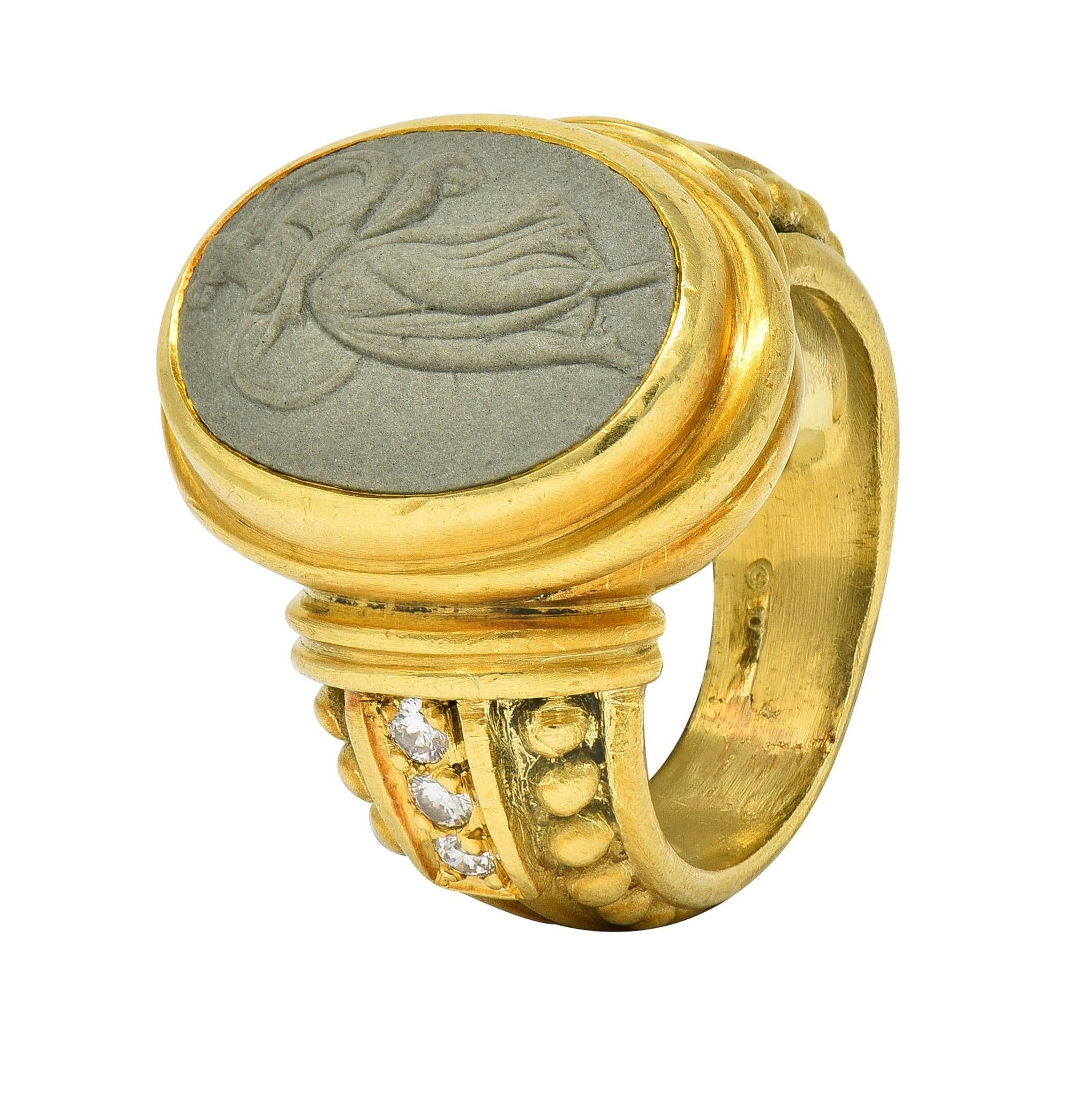 Judith Ripka 1990's Lava Rock Cameo Diamond 18 Karat Gold Vintage Signet Ring