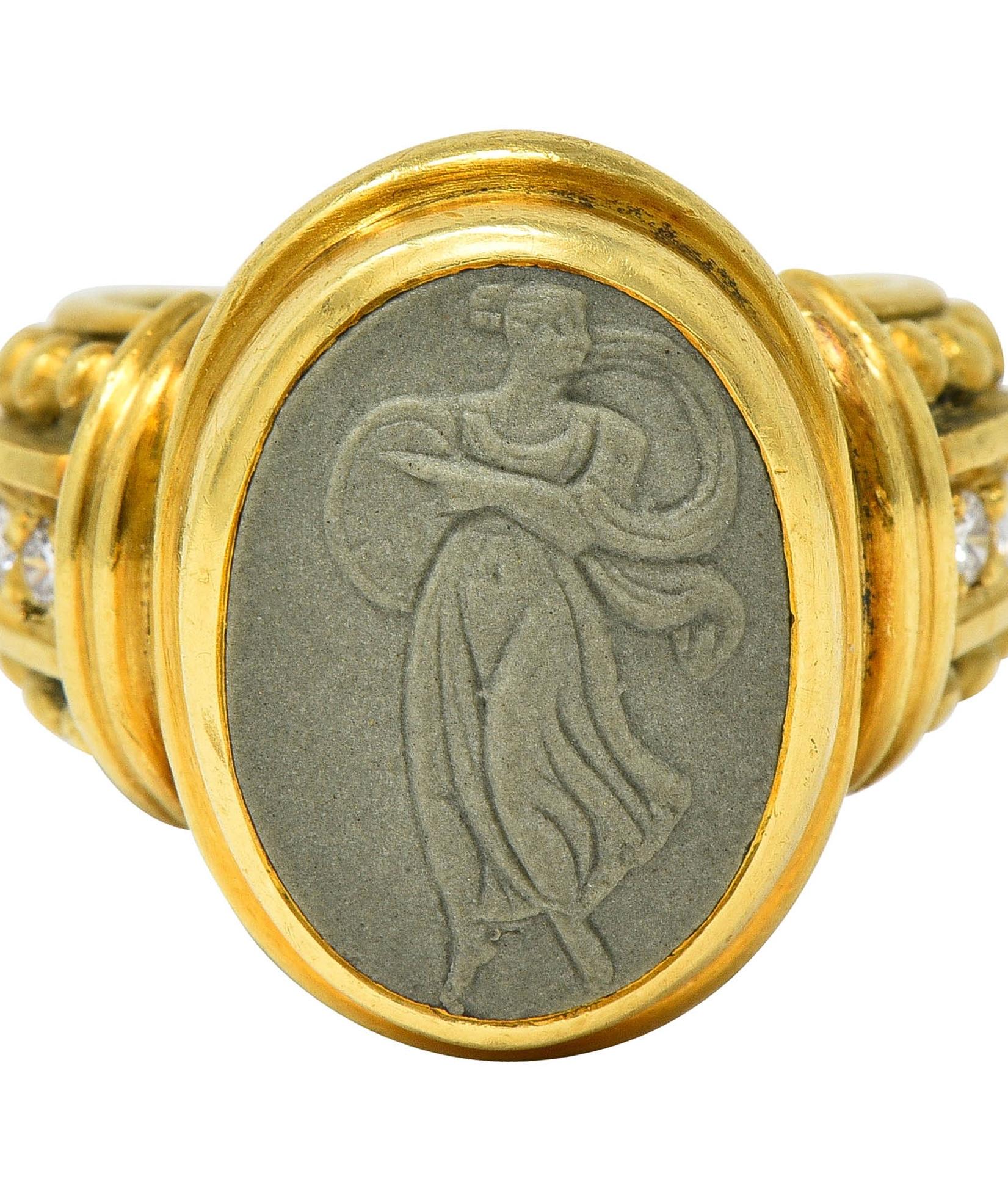 Judith Ripka 1990's Lava Rock Cameo Diamond 18 Karat Gold Vintage Signet Ring