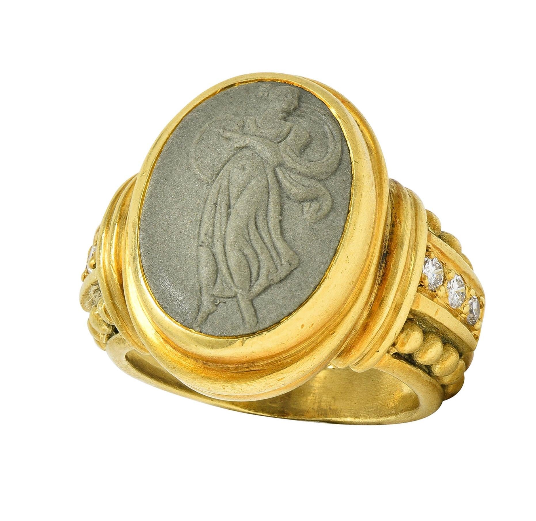 Judith Ripka 1990's Lava Rock Cameo Diamond 18 Karat Gold Vintage Signet Ring