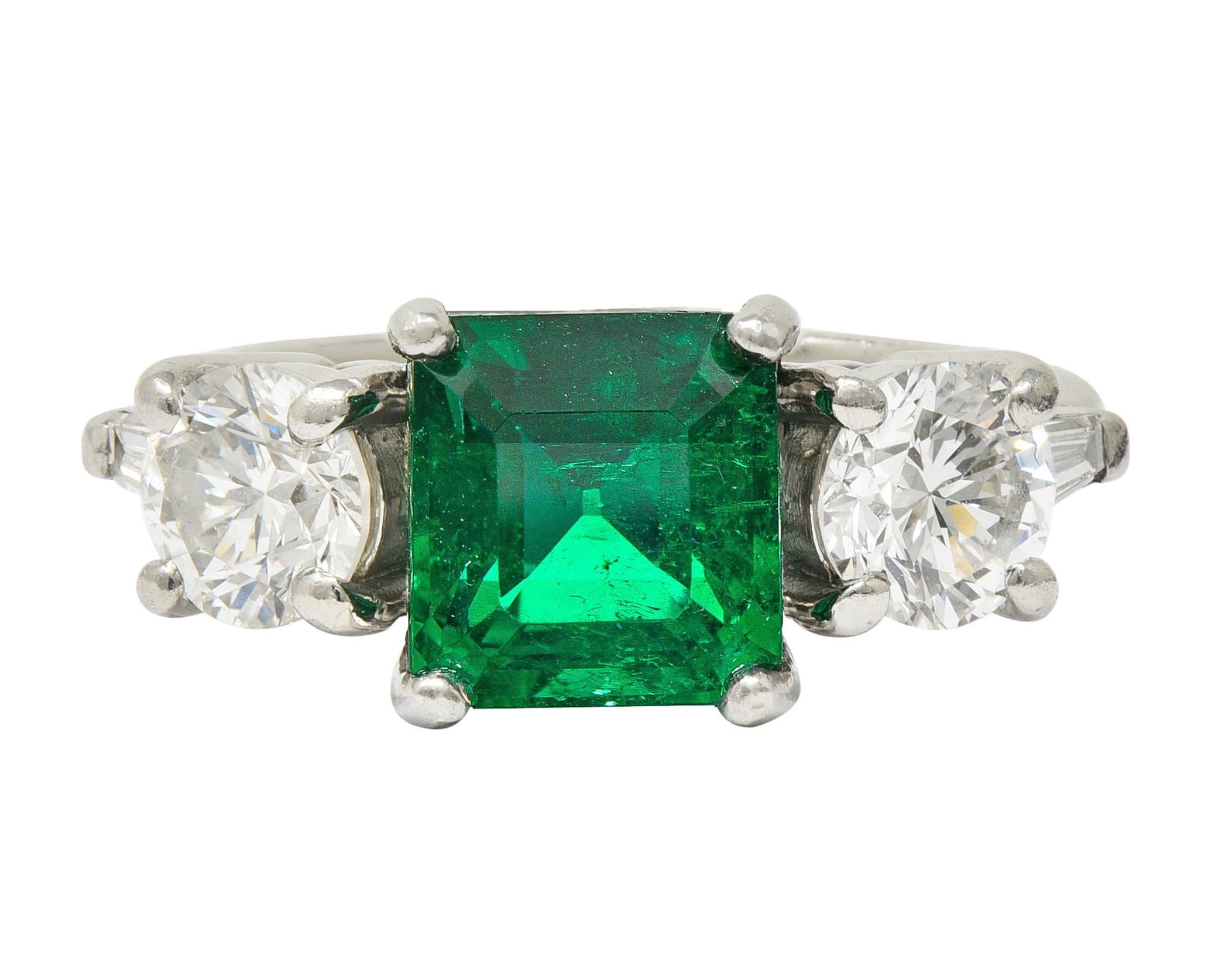 Mid-Century 2.80 CTW Colombian Emerald Diamond Platinum Vintage Ring AGL