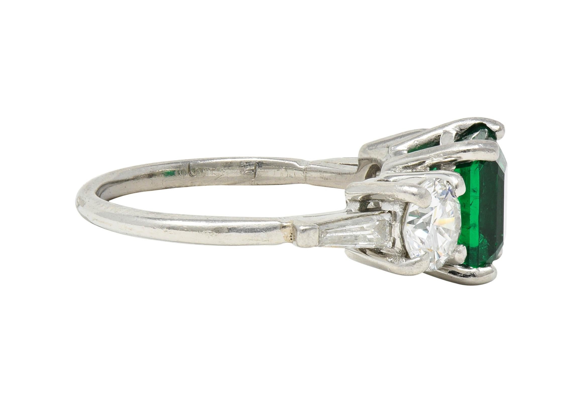 Mid-Century 2.80 CTW Colombian Emerald Diamond Platinum Vintage Ring AGL