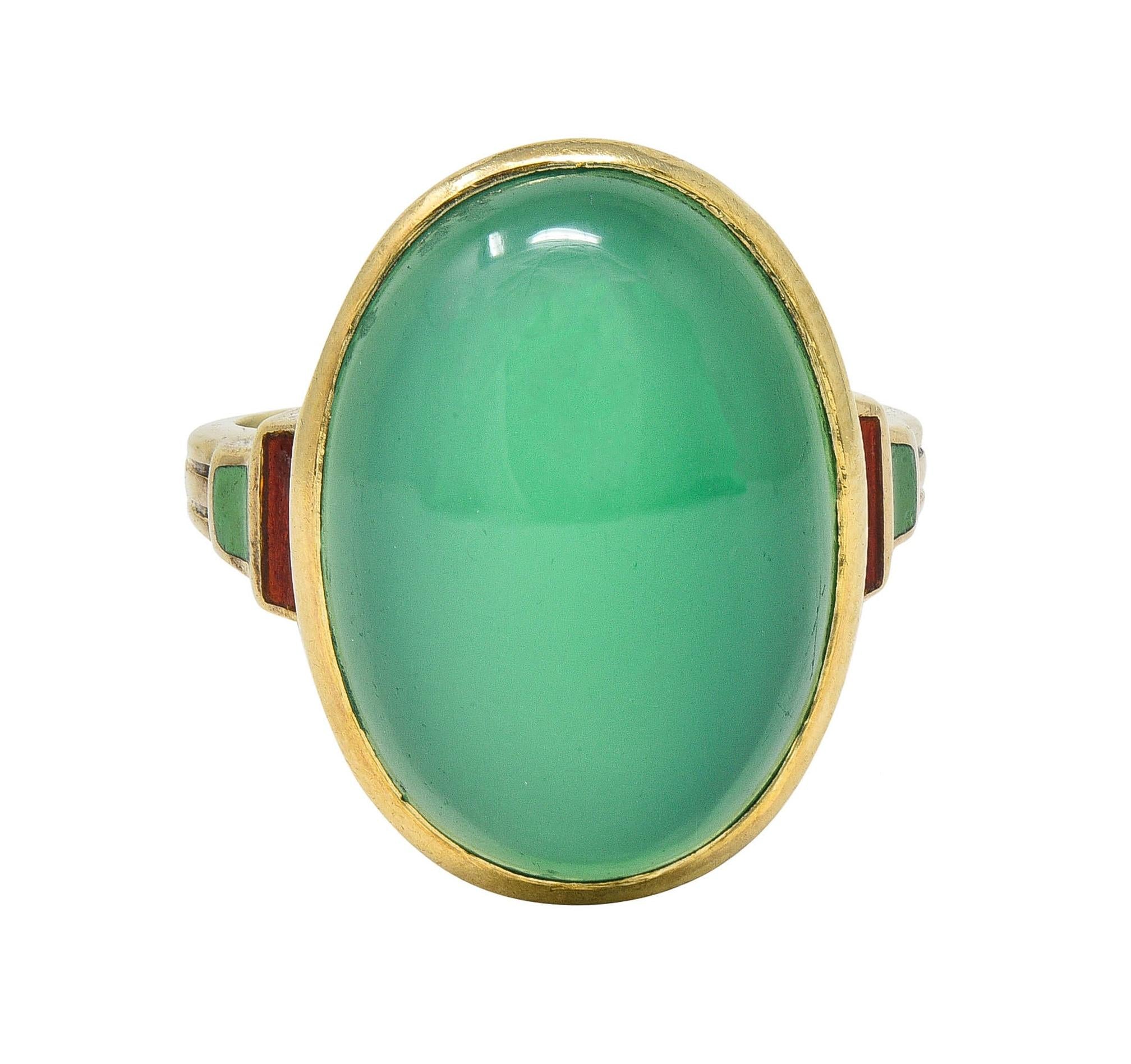 Allsopp Bros. Art Deco Chrysoprase Enamel 14 Karat Yellow Gold Antique Ring