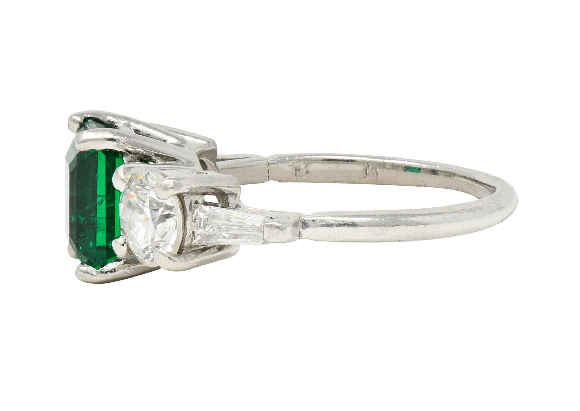 Mid-Century 2.80 CTW Colombian Emerald Diamond Platinum Vintage Ring AGL