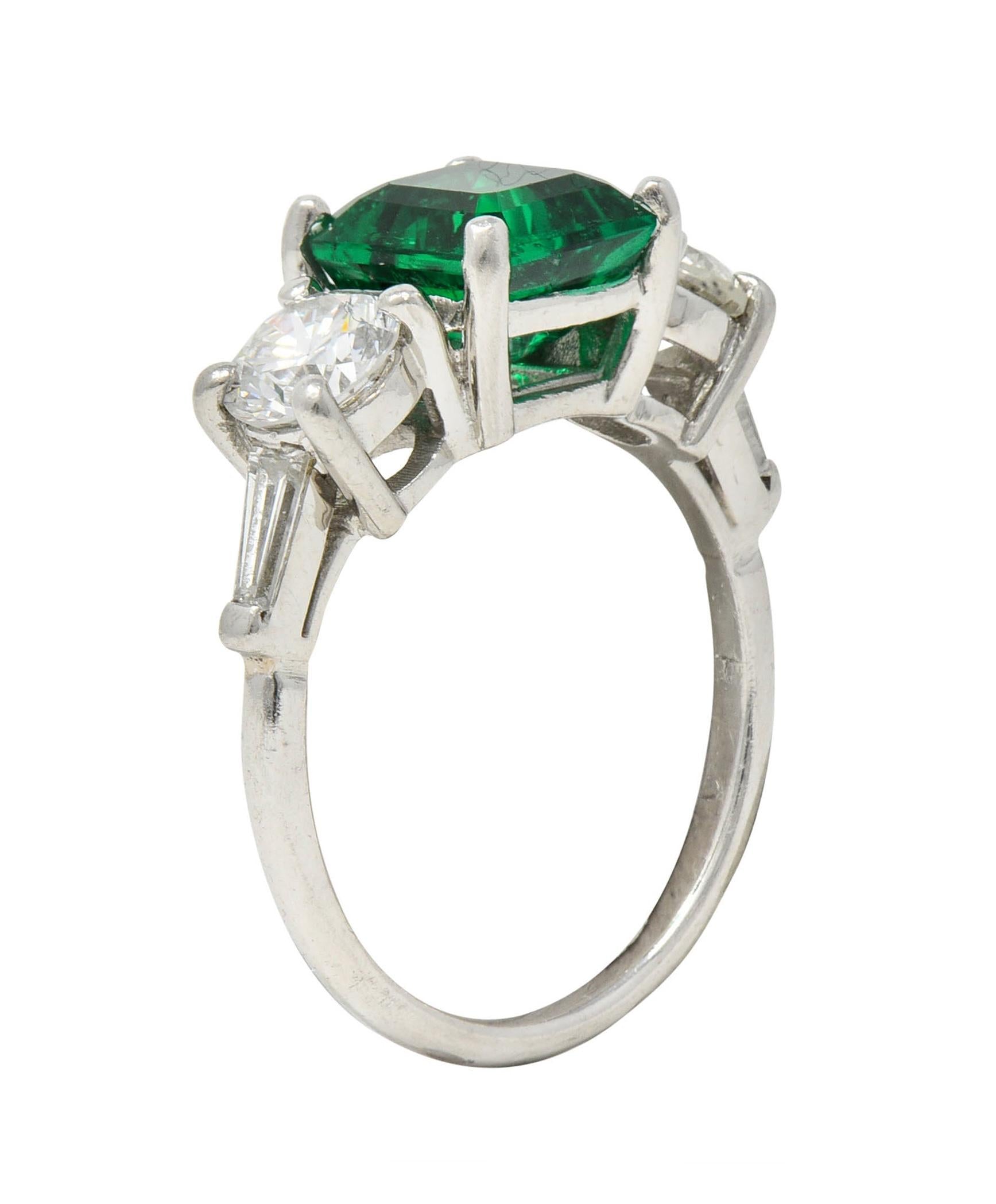 Mid-Century 2.80 CTW Colombian Emerald Diamond Platinum Vintage Ring AGL