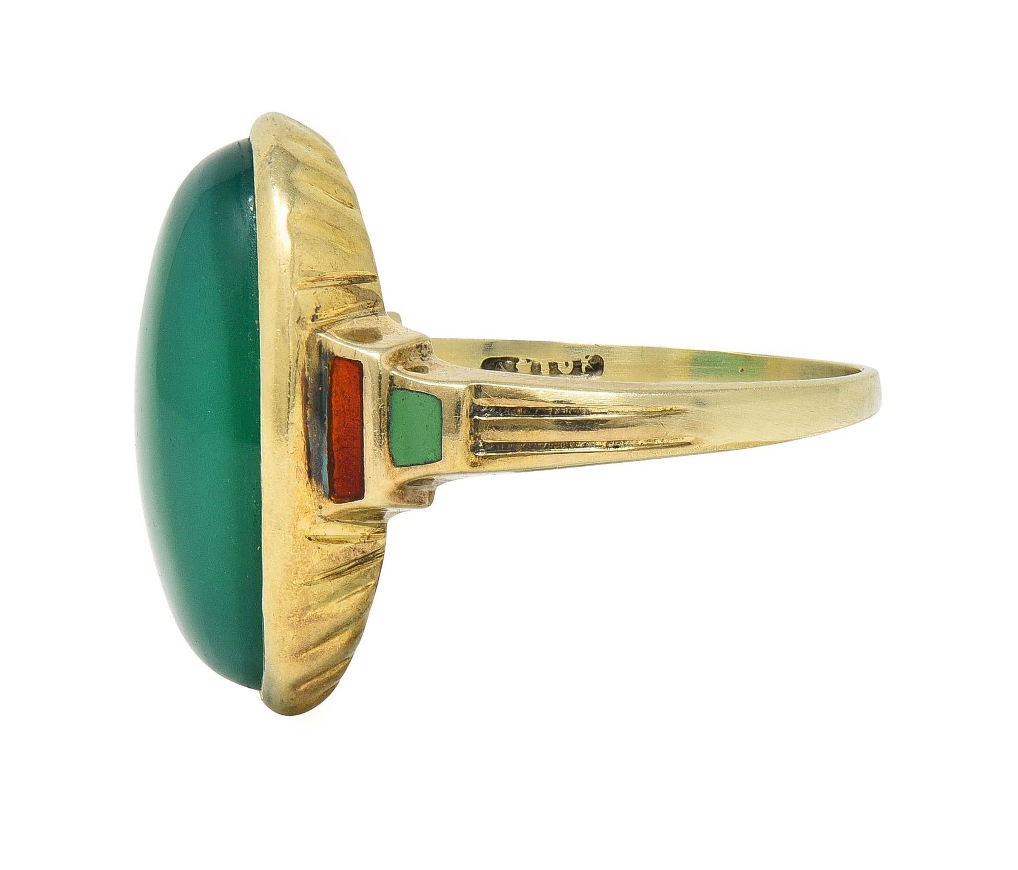 Allsopp Bros. Art Deco Chrysoprase Enamel 14 Karat Yellow Gold Antique Ring