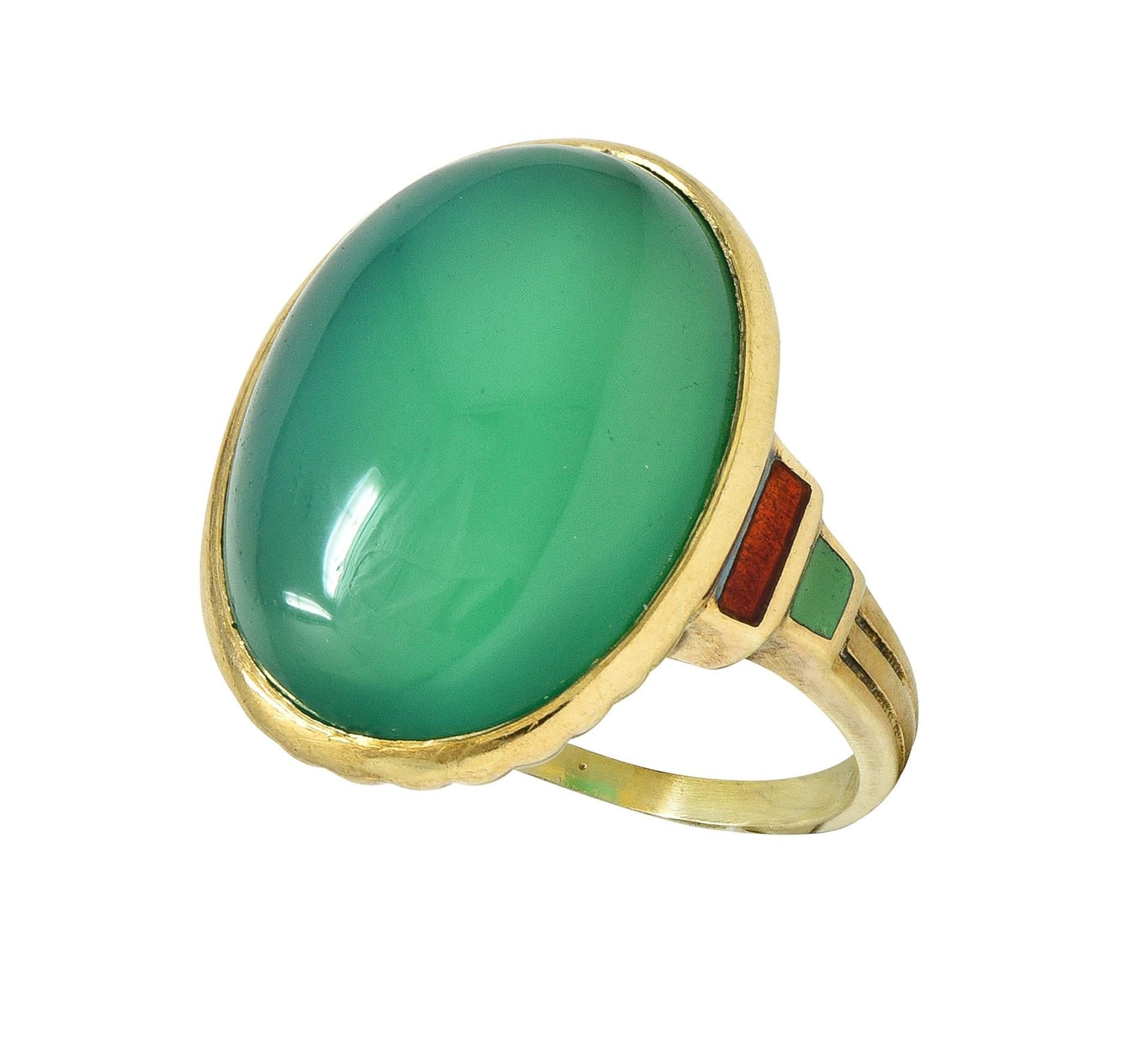 Allsopp Bros. Art Deco Chrysoprase Enamel 14 Karat Yellow Gold Antique Ring