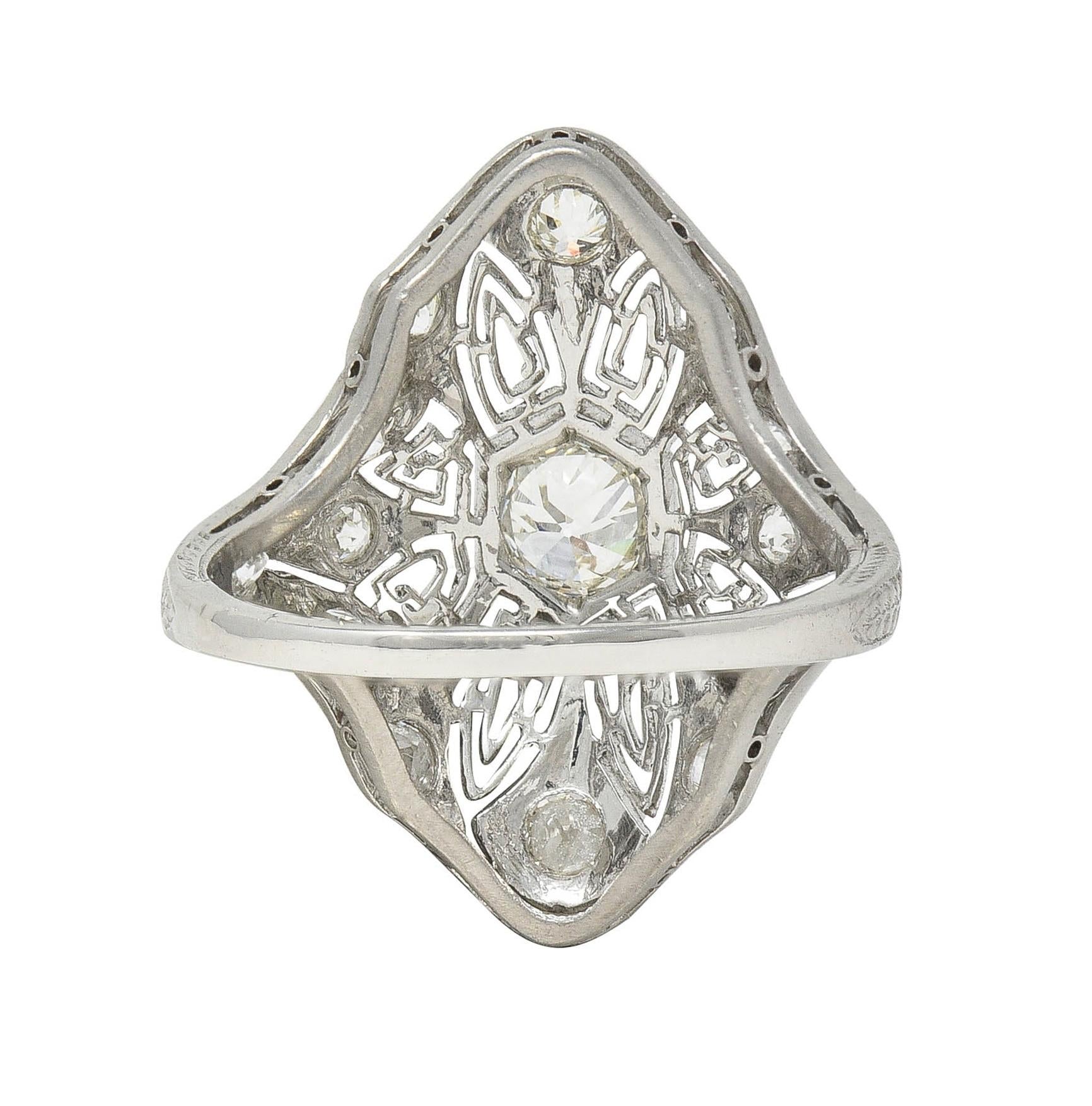 Art Deco 1.15 CTW Diamond Platinum Vintage Greek Key Navette Ring