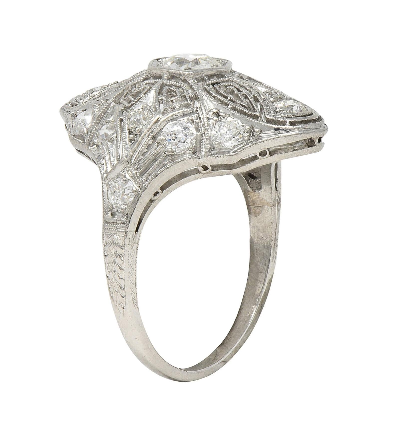 Art Deco 1.15 CTW Diamond Platinum Vintage Greek Key Navette Ring