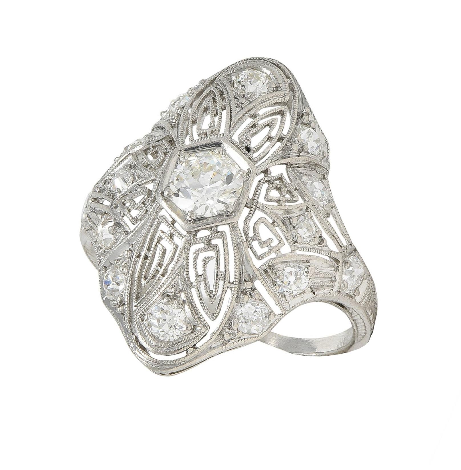 Art Deco 1.15 CTW Diamond Platinum Vintage Greek Key Navette Ring