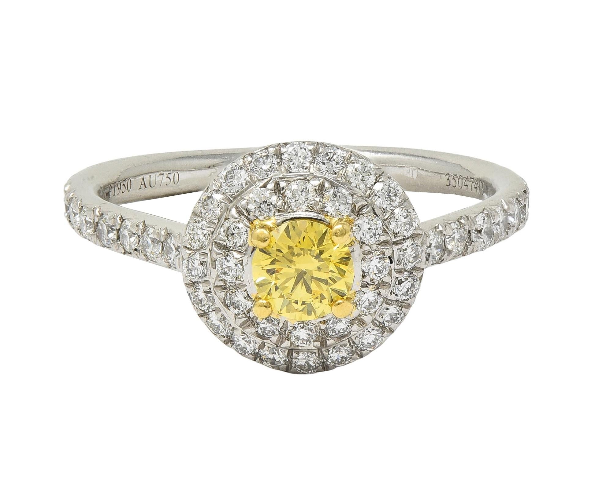 Tiffany & Co. Fancy Vivid Yellow Diamond Platinum Yellow Gold Soleste Halo Ring