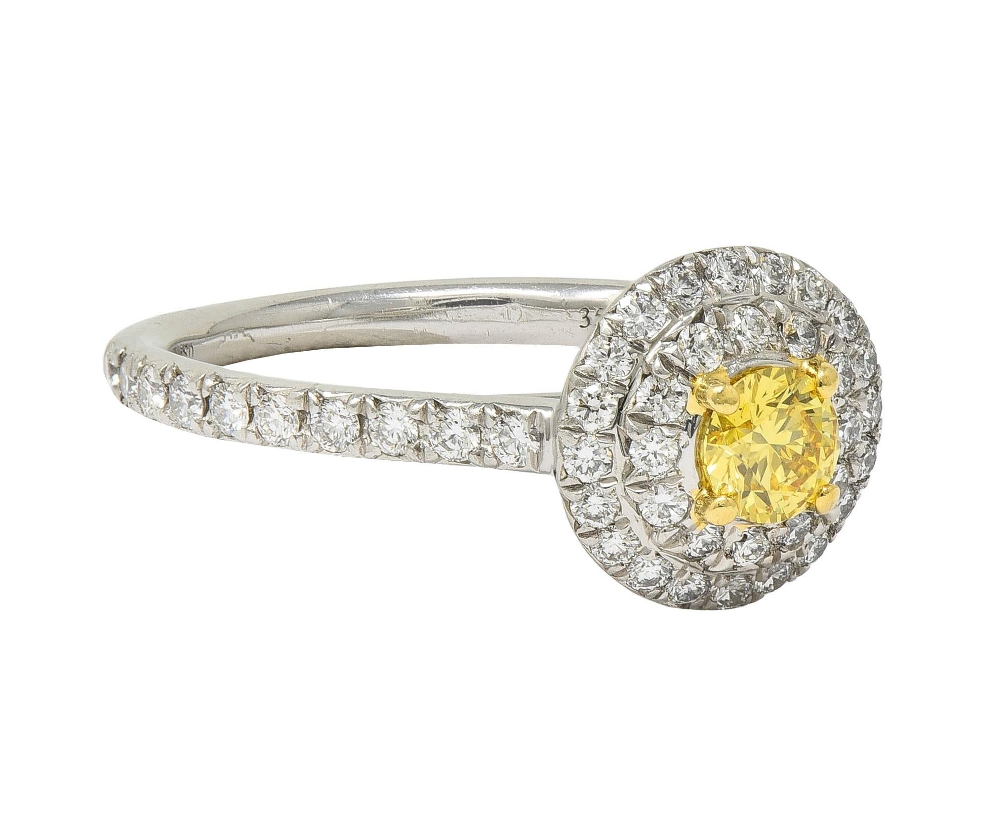 Tiffany & Co. Fancy Vivid Yellow Diamond Platinum Yellow Gold Soleste Halo Ring