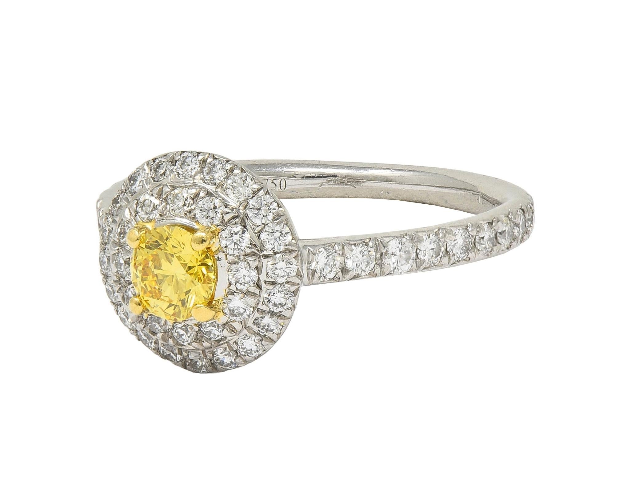 Tiffany & Co. Fancy Vivid Yellow Diamond Platinum Yellow Gold Soleste Halo Ring