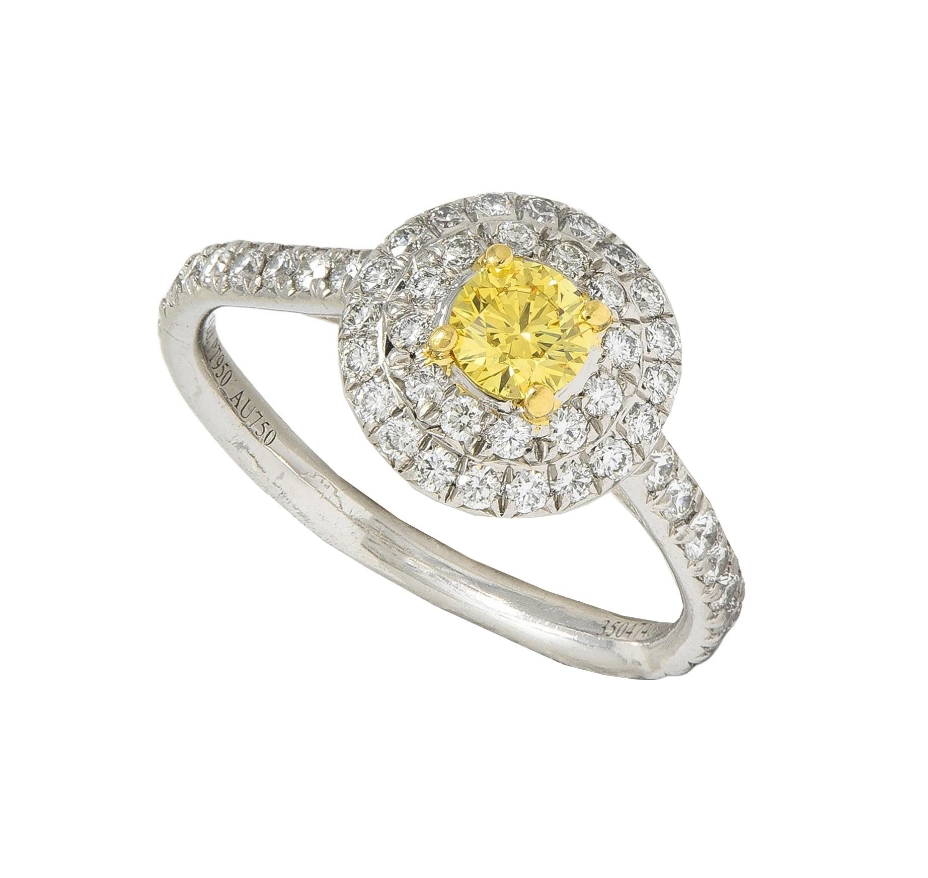 Tiffany & Co. Fancy Vivid Yellow Diamond Platinum Yellow Gold Soleste Halo Ring