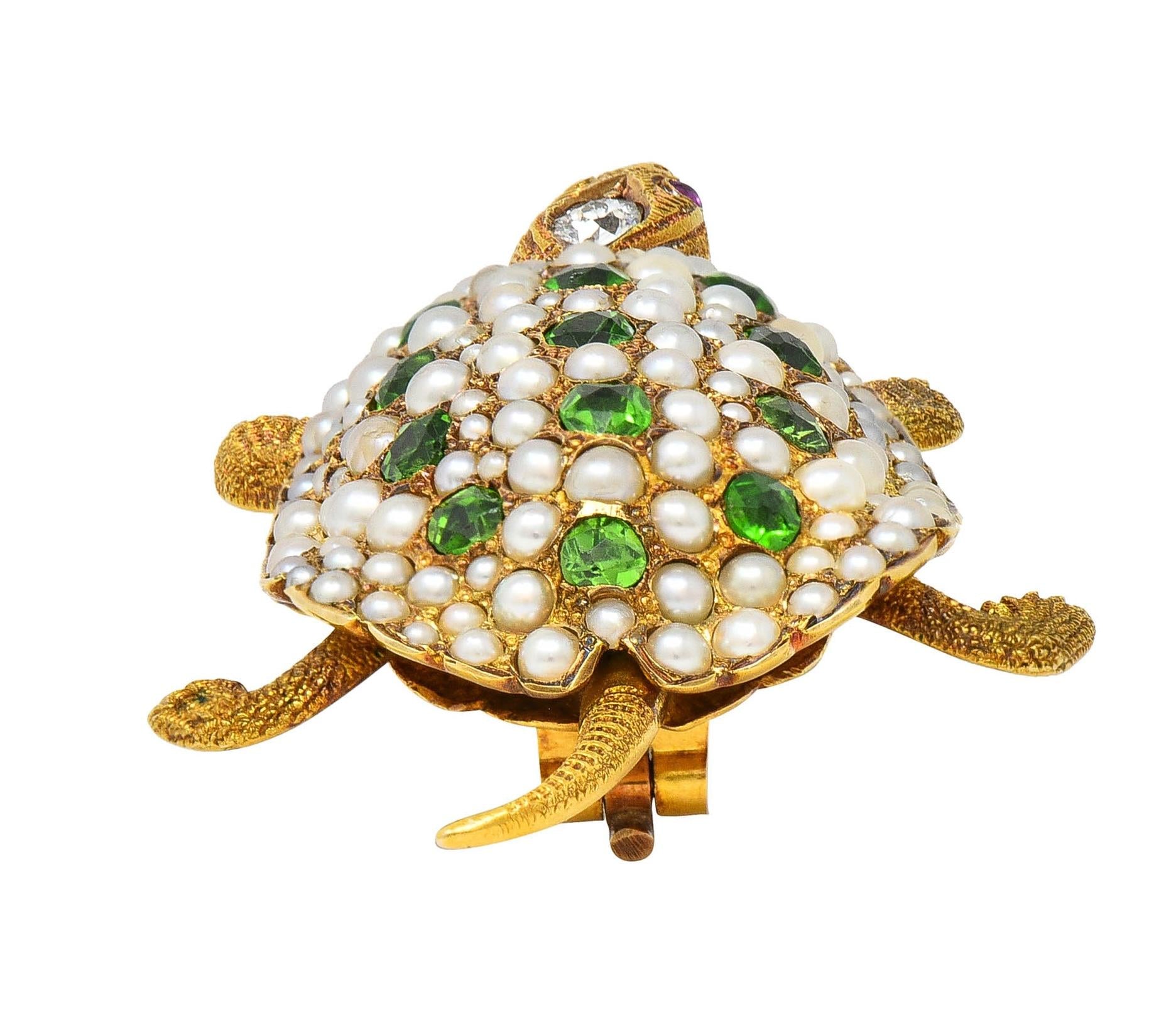 Riker Brothers Art Nouveau Diamond Demantoid 14K Gold Antique Turtle Brooch