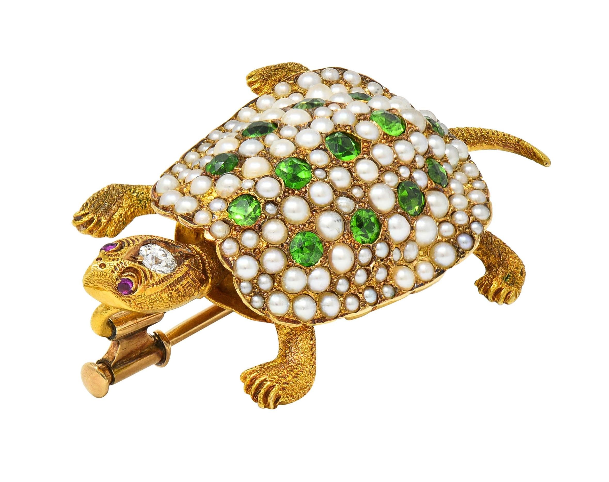 Riker Brothers Art Nouveau Diamond Demantoid 14K Gold Antique Turtle Brooch