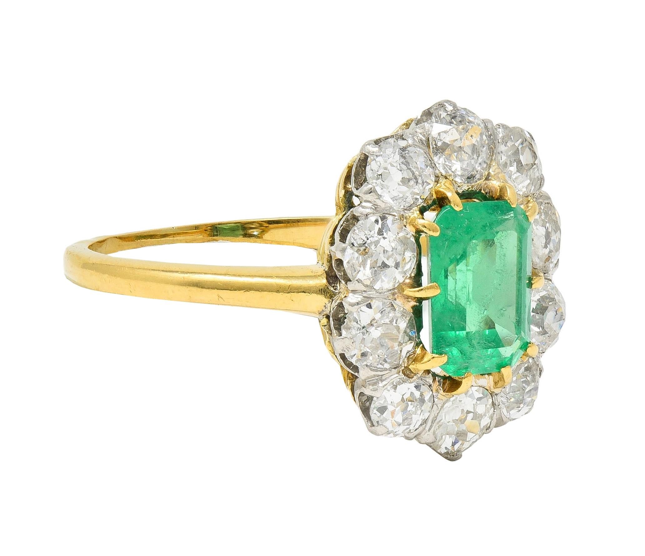 Art Deco French Emerald Diamond Platinum 18 Karat Gold Vintage Halo Ring GIA