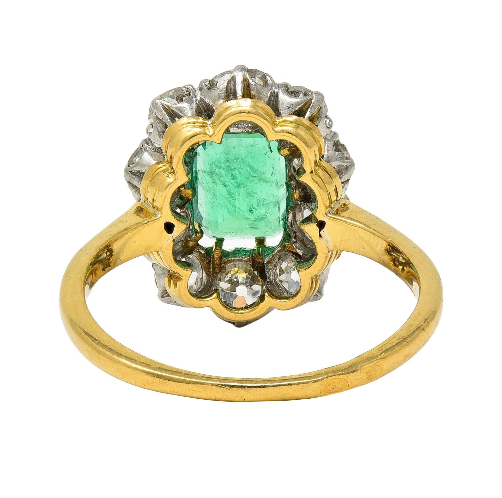 Art Deco French Emerald Diamond Platinum 18 Karat Gold Vintage Halo Ring GIA