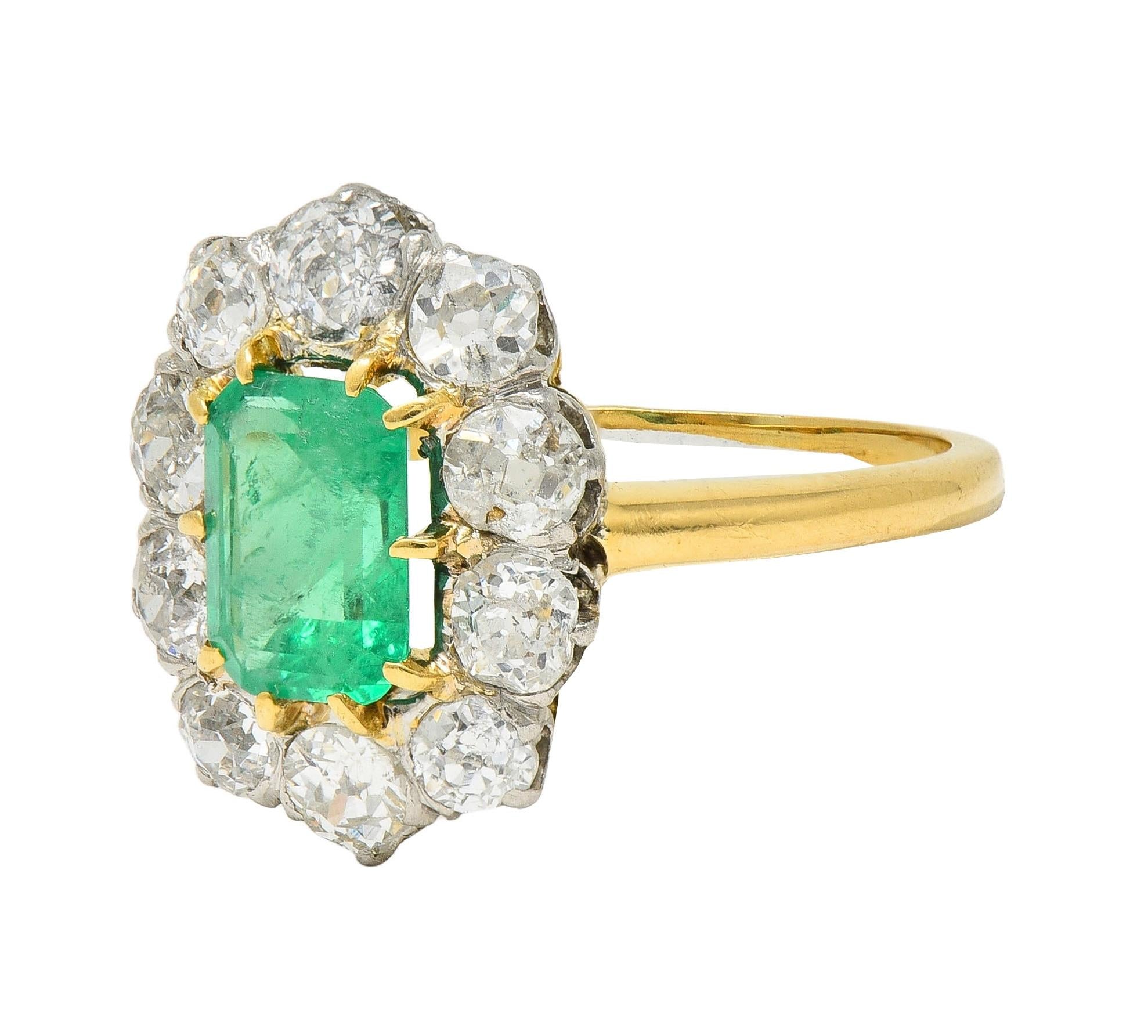 Art Deco French Emerald Diamond Platinum 18 Karat Gold Vintage Halo Ring GIA