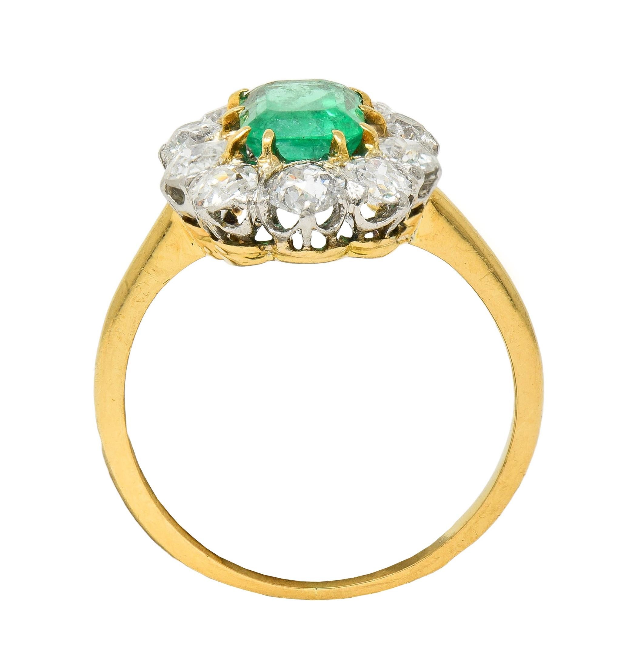 Art Deco French Emerald Diamond Platinum 18 Karat Gold Vintage Halo Ring GIA