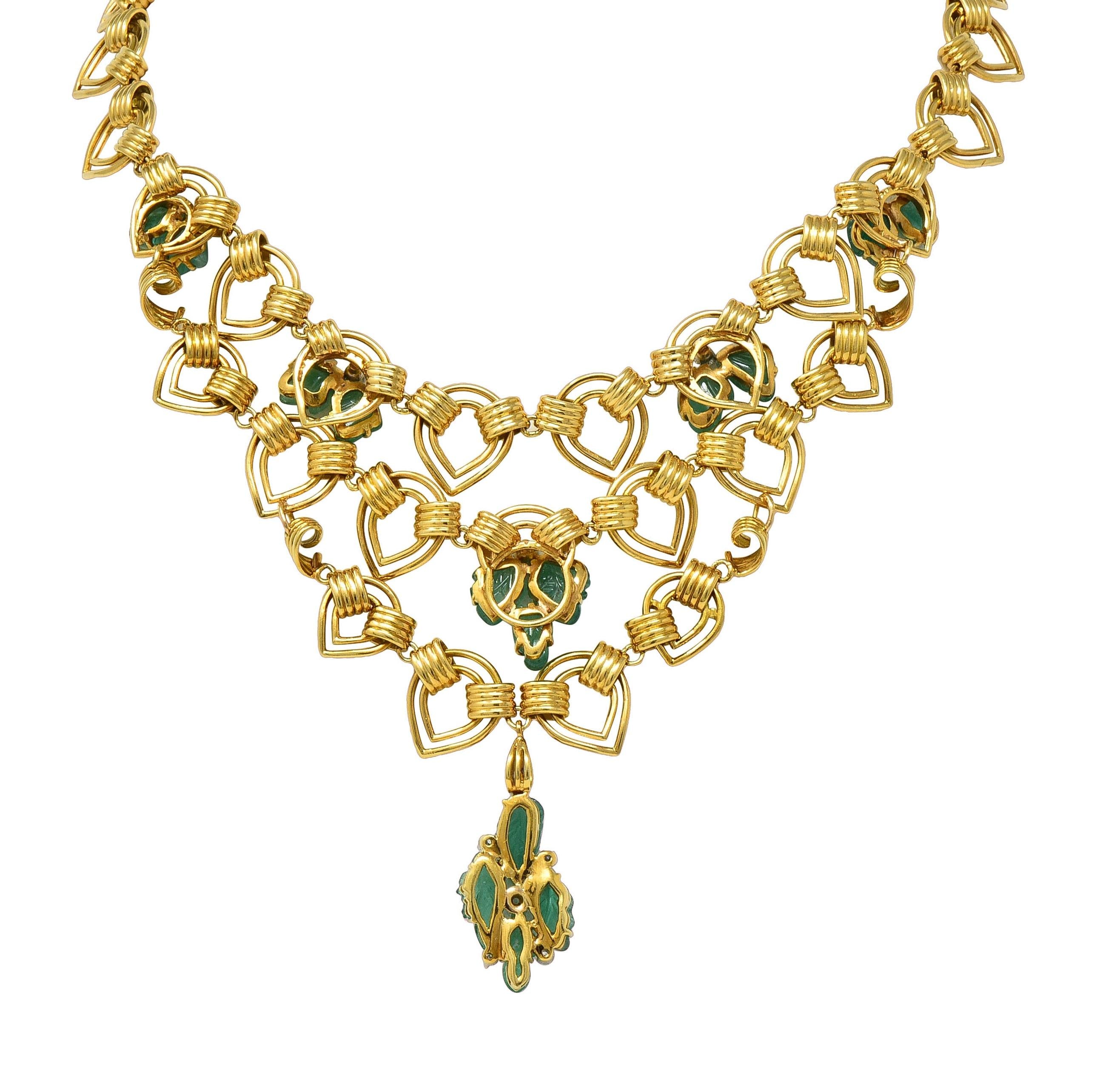 Mid-Century Diamond Carved Emerald 18 Karat Yellow Gold Tiered Vintage Necklace