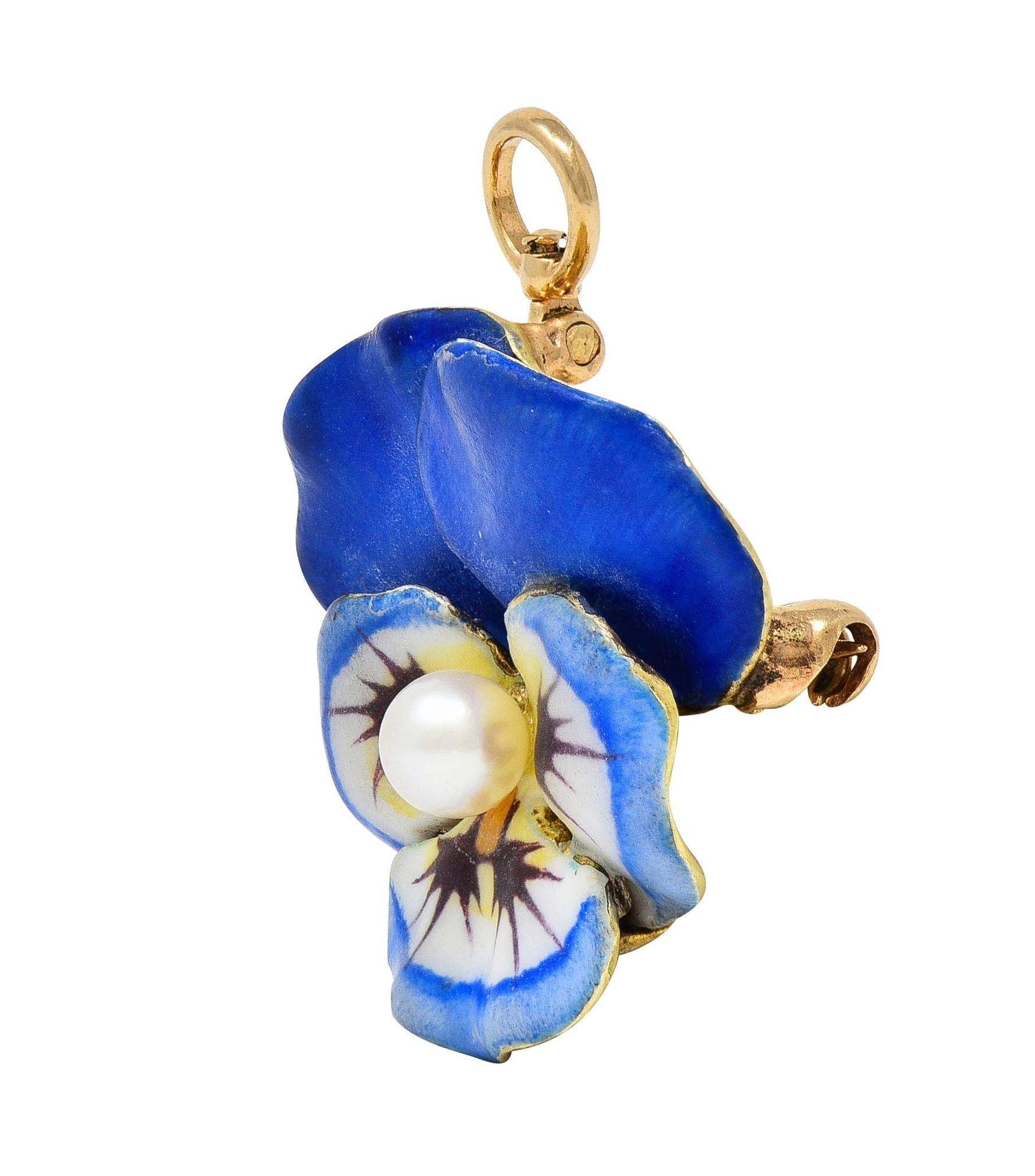 Larter & Son Art Nouveau Enamel Pearl 14 Karat Gold Antique Pansy Pendant Brooch