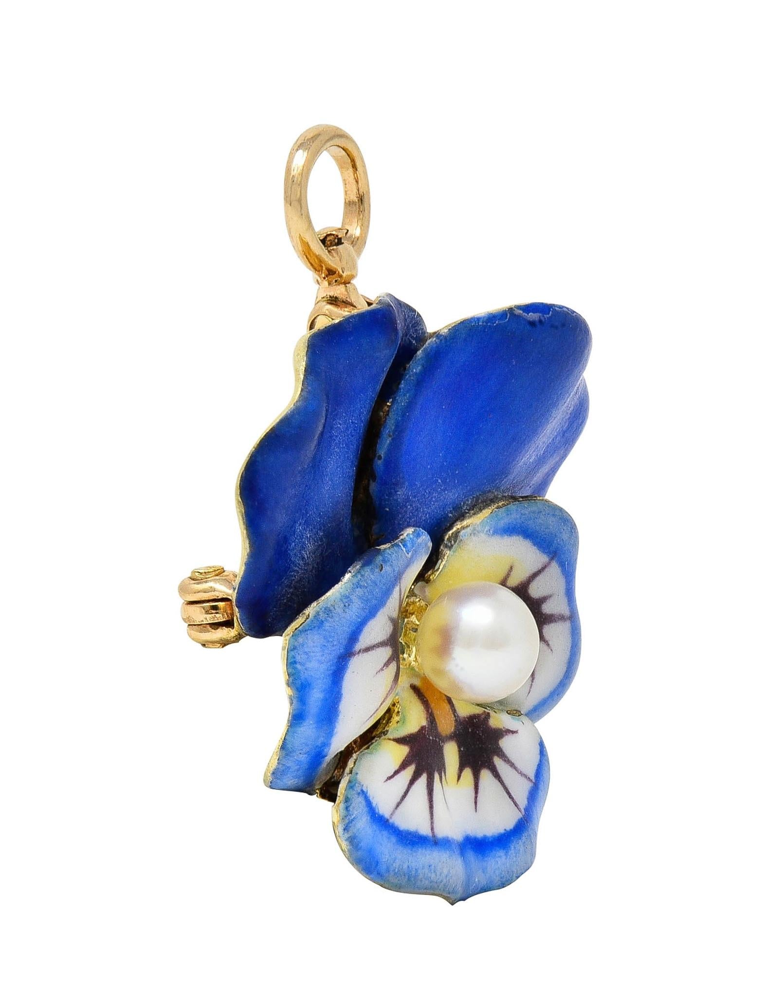 Larter & Son Art Nouveau Enamel Pearl 14 Karat Gold Antique Pansy Pendant Brooch