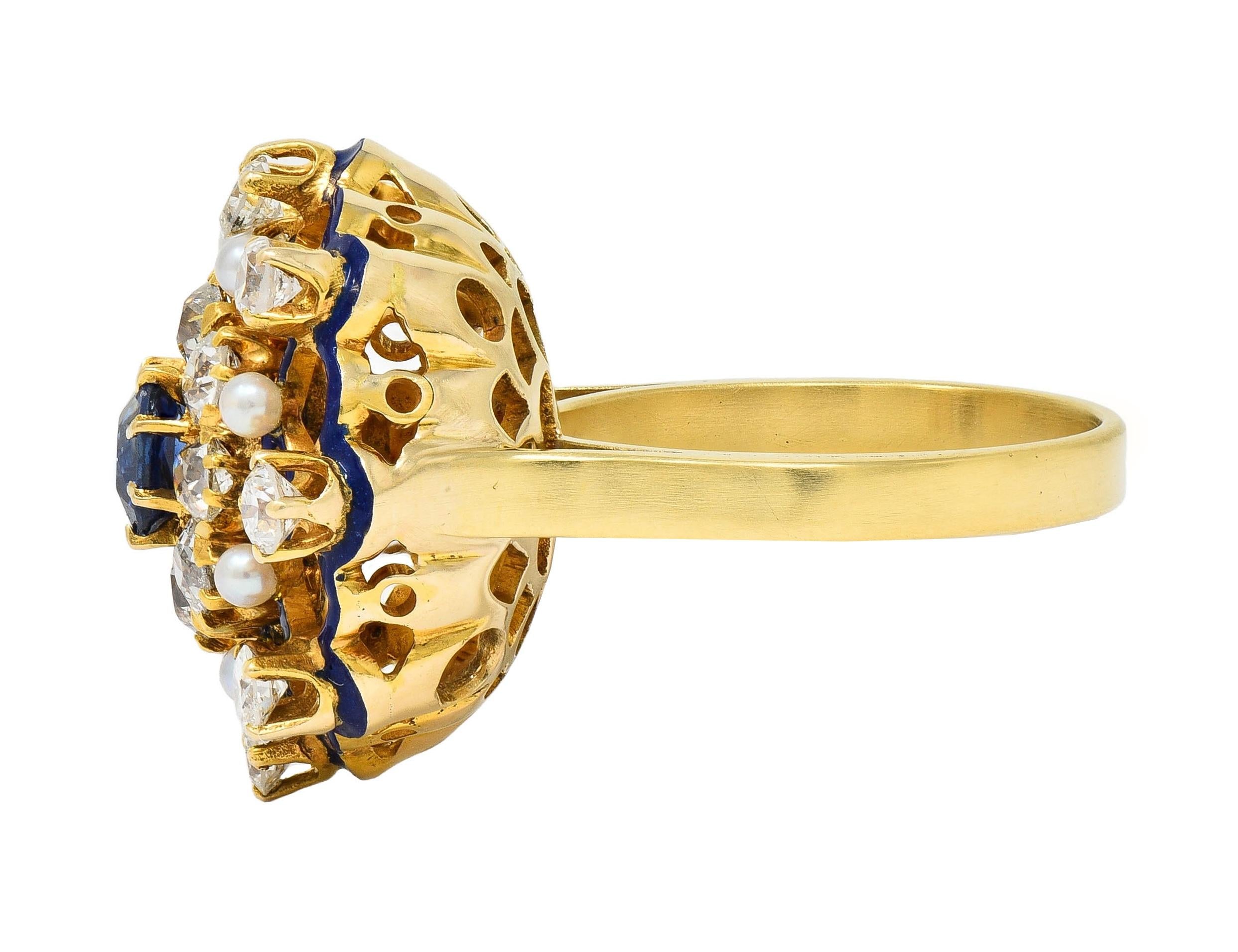 1950's 2.12 CTW Sapphire Diamond Pearl Enamel 18K Gold Vintage Cocktail Ring