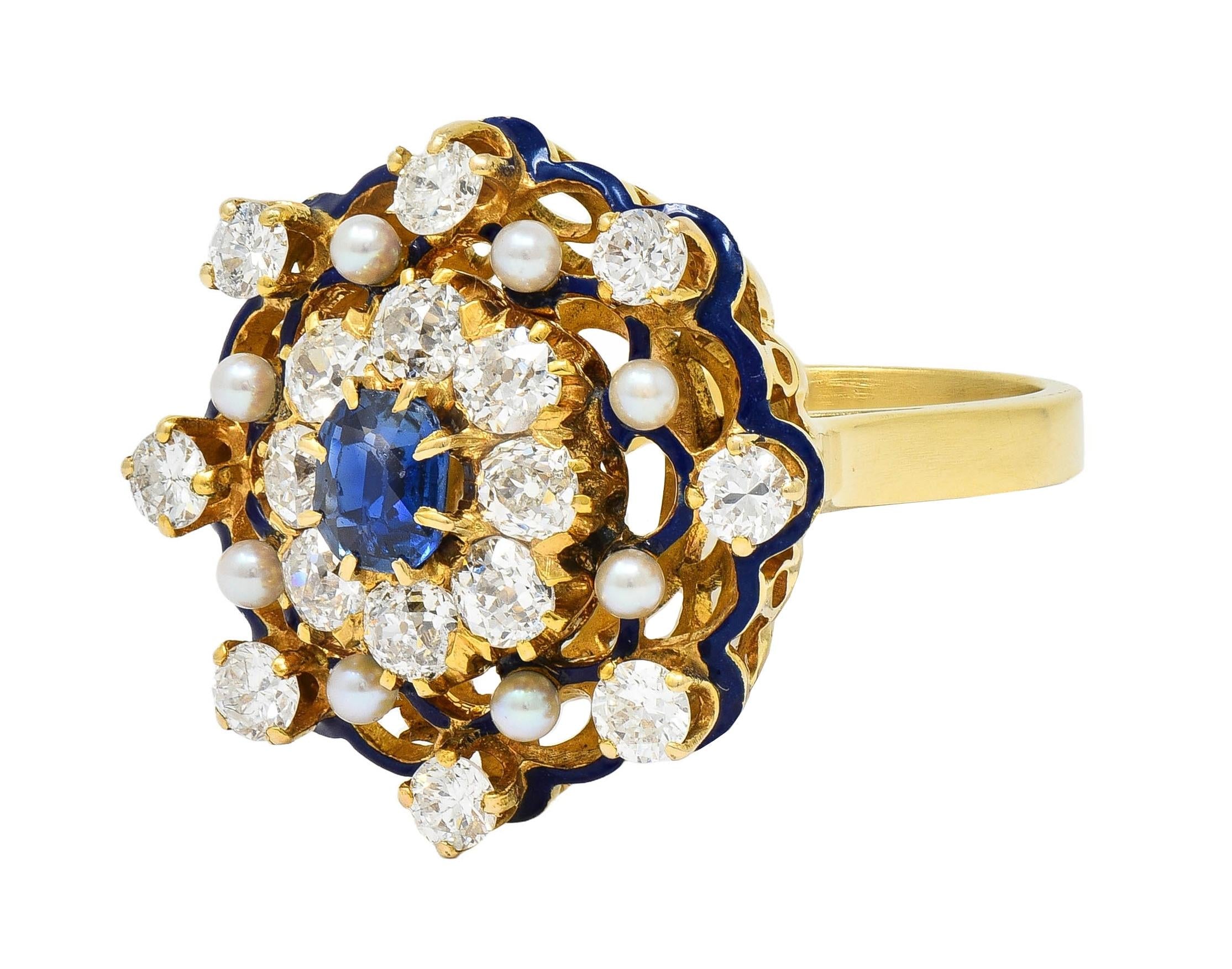 1950's 2.12 CTW Sapphire Diamond Pearl Enamel 18K Gold Vintage Cocktail Ring