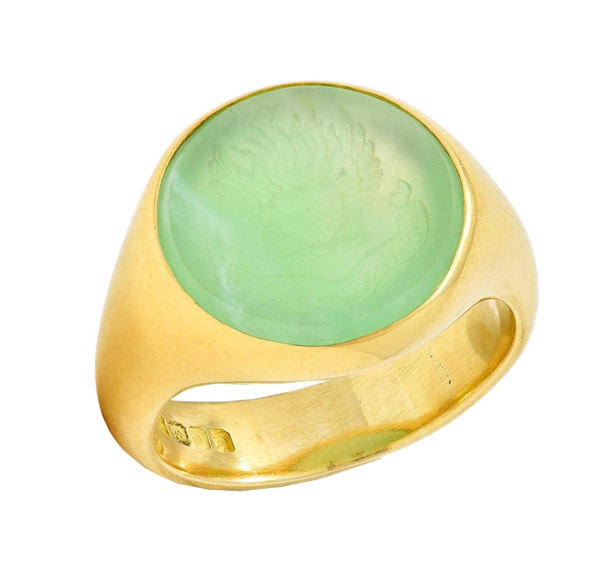 Victorian 1860 Green Chalcedony 18K Gold Antique Heraldry Intaglio Signet Ring