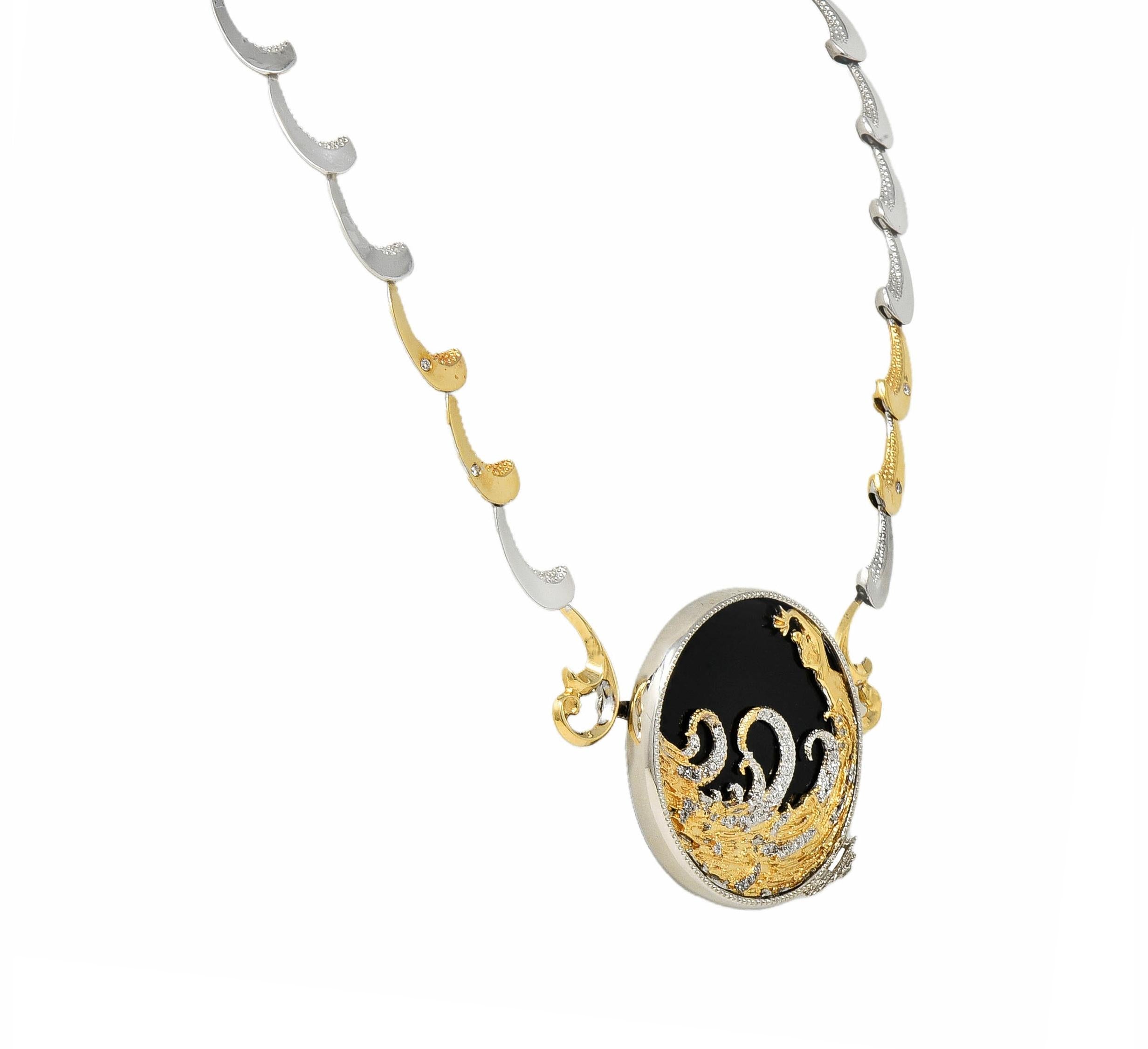 Erte 1980's Diamond Onyx 14 Karat Yellow Gold Silver Aphrodite Brooch Necklace