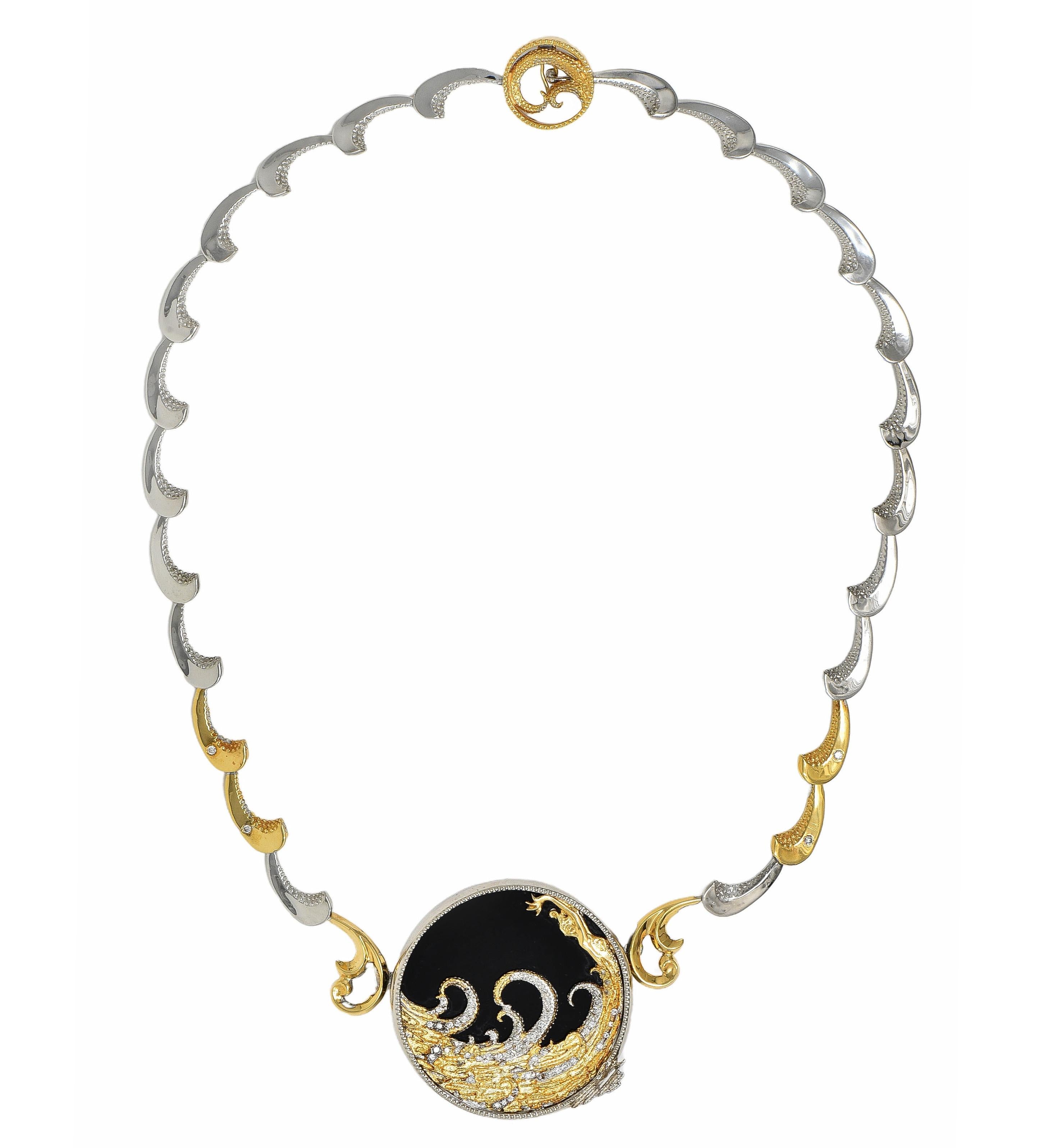 Erte 1980's Diamond Onyx 14 Karat Yellow Gold Silver Aphrodite Brooch Necklace